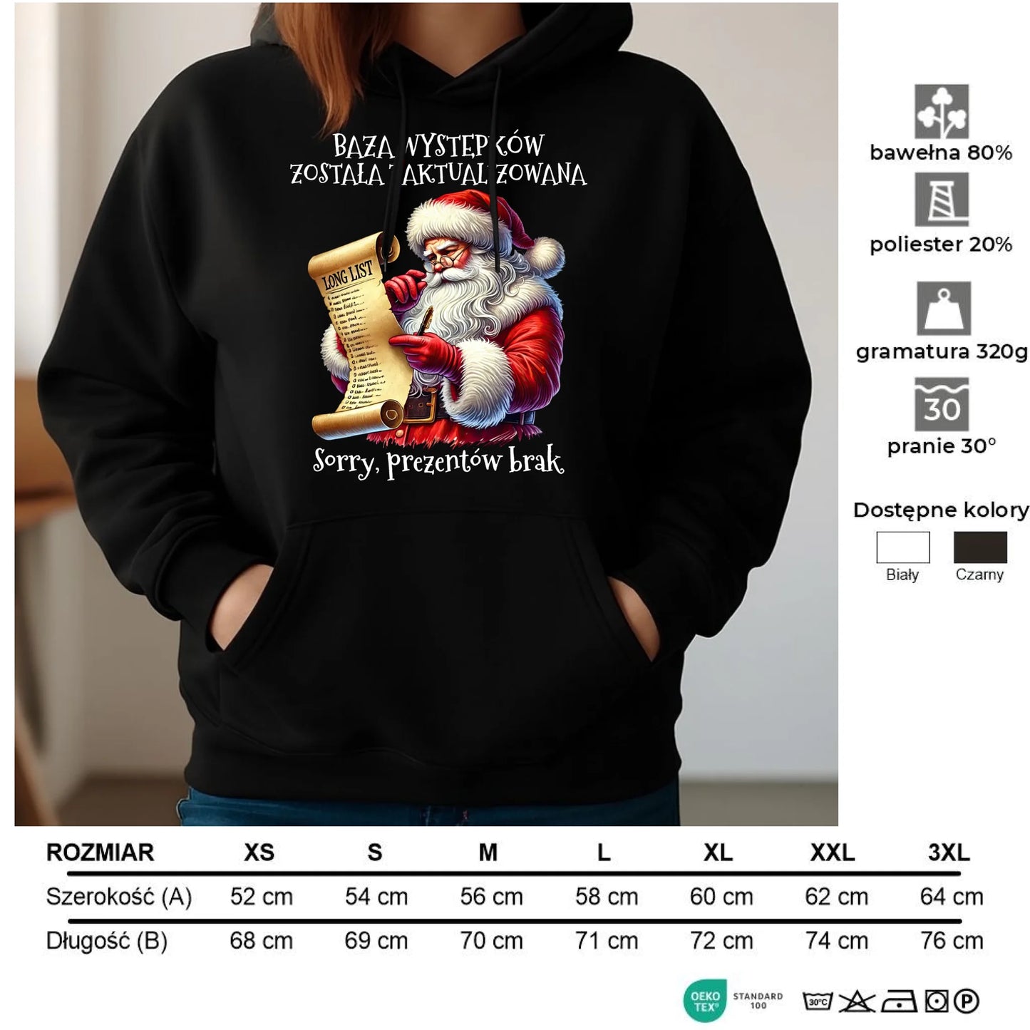 Bluza damska z kapturem i Mikołajem na święta - Prezentów brak BN07 - StoryCups.pl