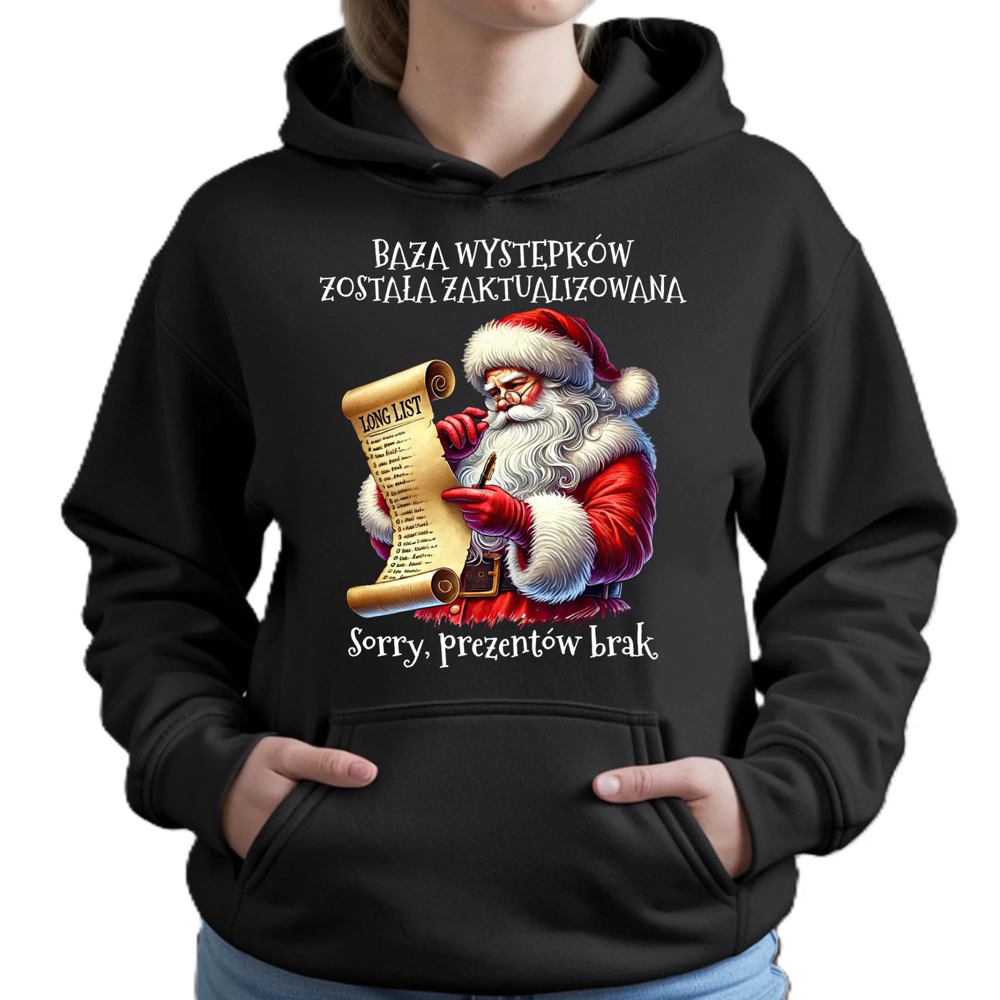 Bluza damska z kapturem i Mikołajem na święta - Prezentów brak BN07 - StoryCups.pl