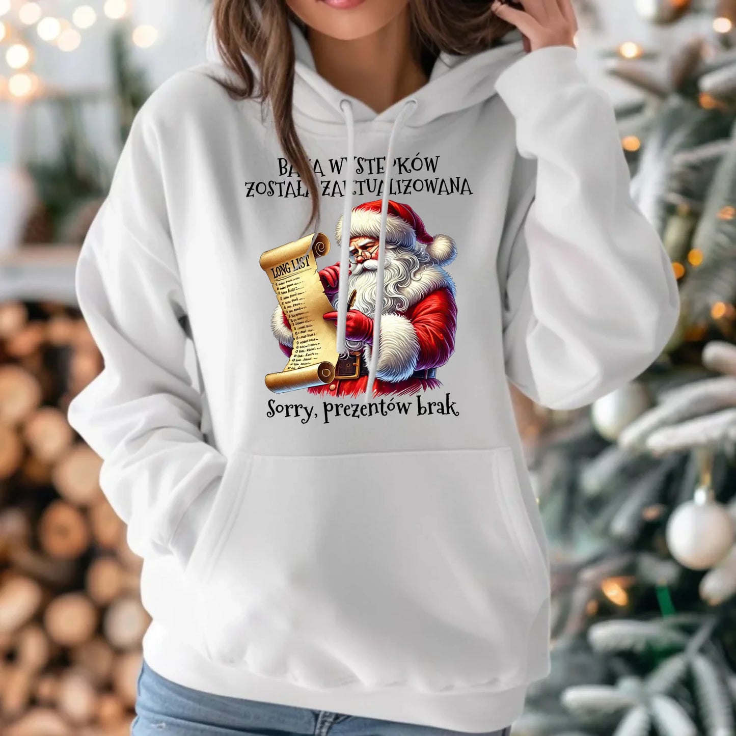 Bluza damska z kapturem i Mikołajem na święta - Prezentów brak BN07 - StoryCups.pl