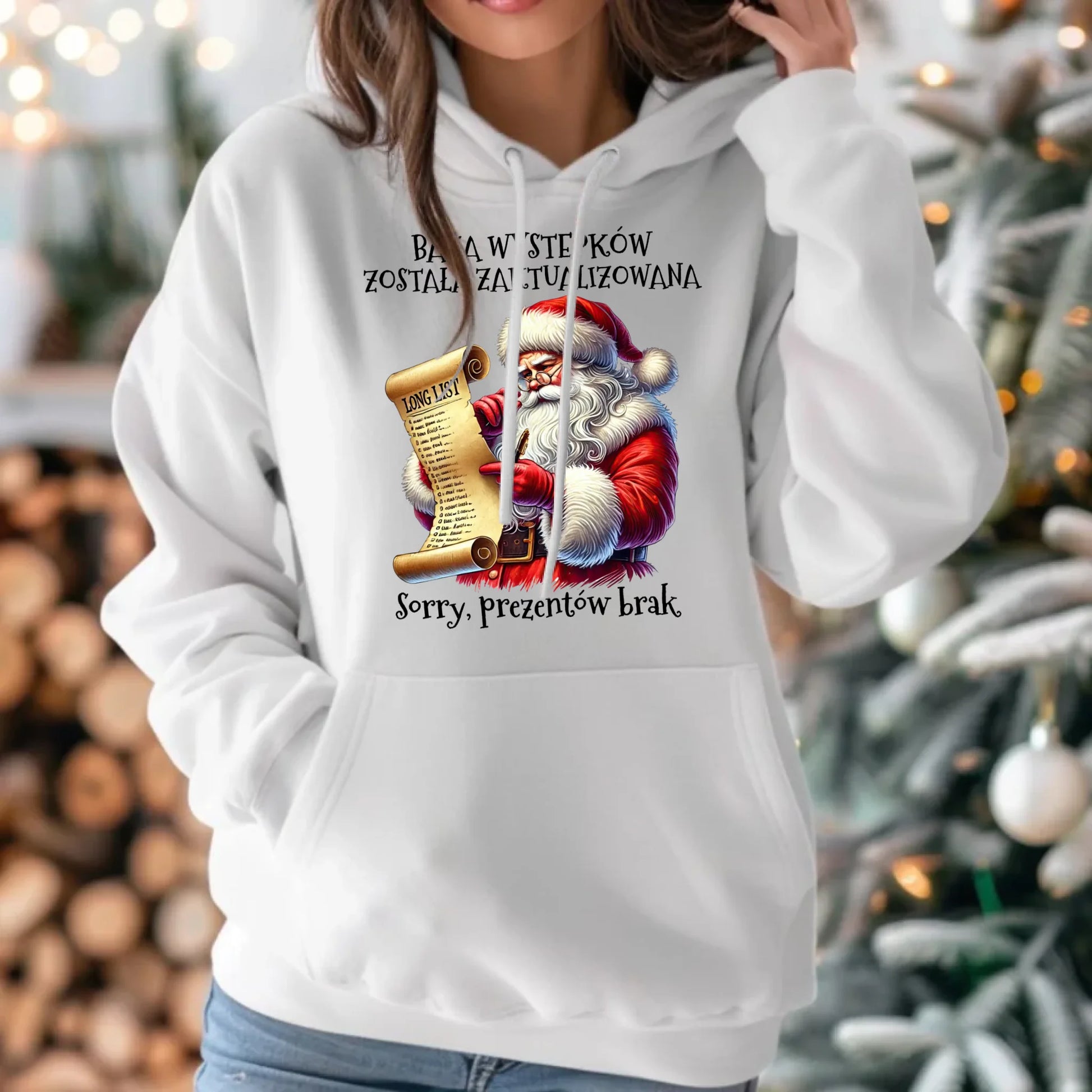 Bluza damska z kapturem i Mikołajem na święta - Prezentów brak BN07 - StoryCups.pl