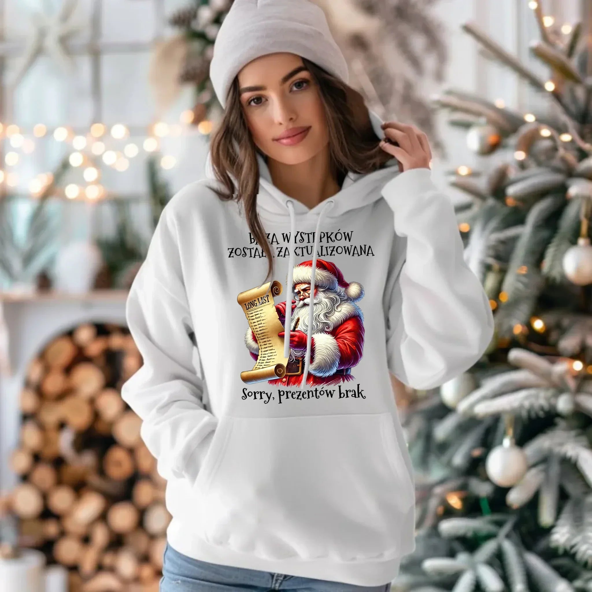 Bluza damska z kapturem i Mikołajem na święta - Prezentów brak BN07 - StoryCups.pl