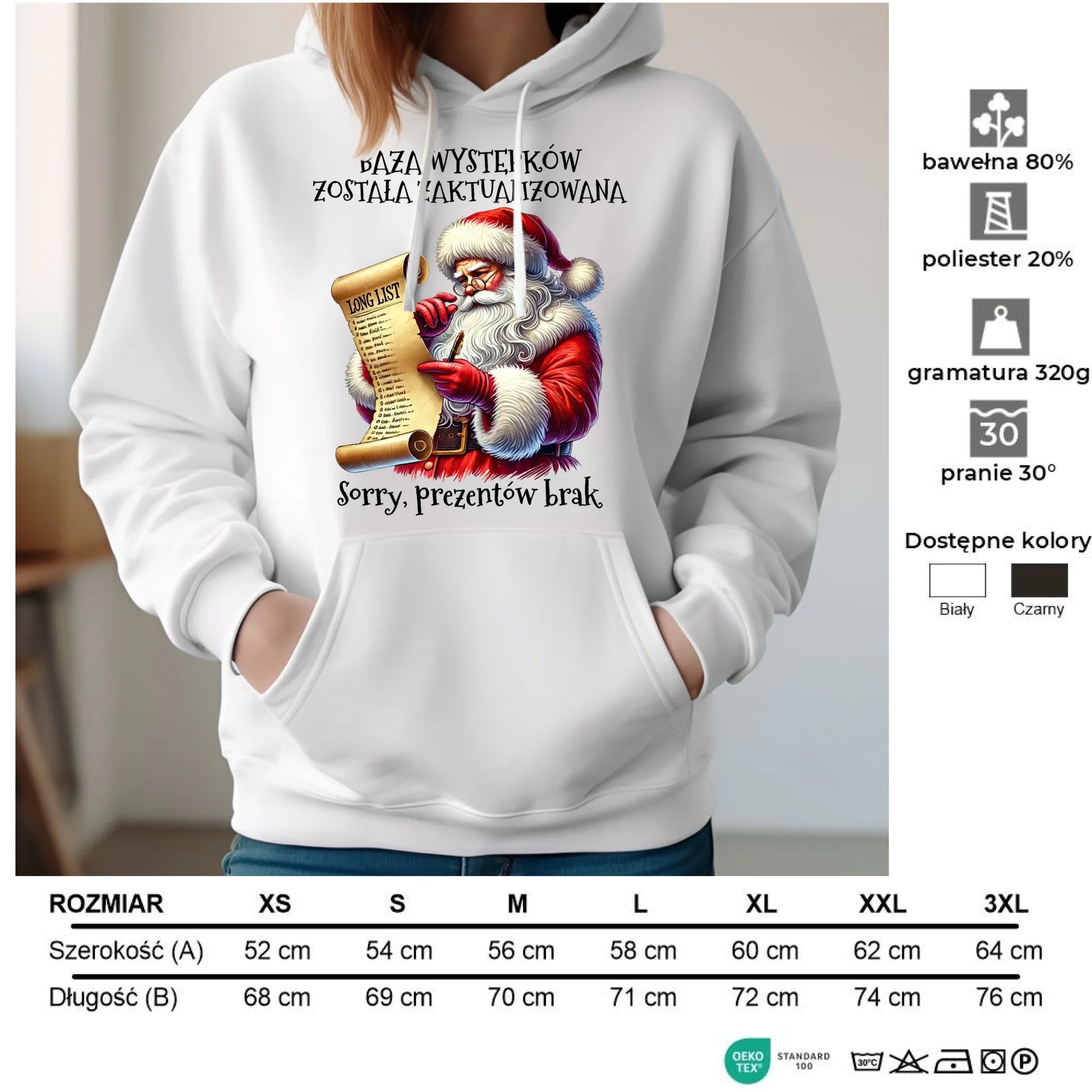 Bluza damska z kapturem i Mikołajem na święta - Prezentów brak BN07 - StoryCups.pl