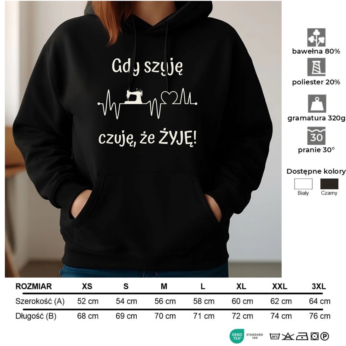 Bluza damska z kapturem szyciowa dla krawcowej - Gdy szyję czuję, że żyję HS12 - StoryCups.pl