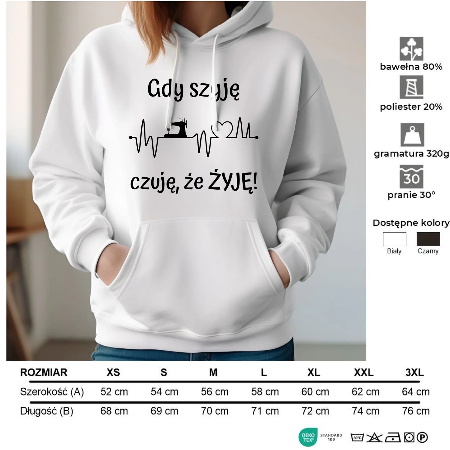 Bluza damska z kapturem szyciowa dla krawcowej - Gdy szyję czuję, że żyję HS12 - StoryCups.pl