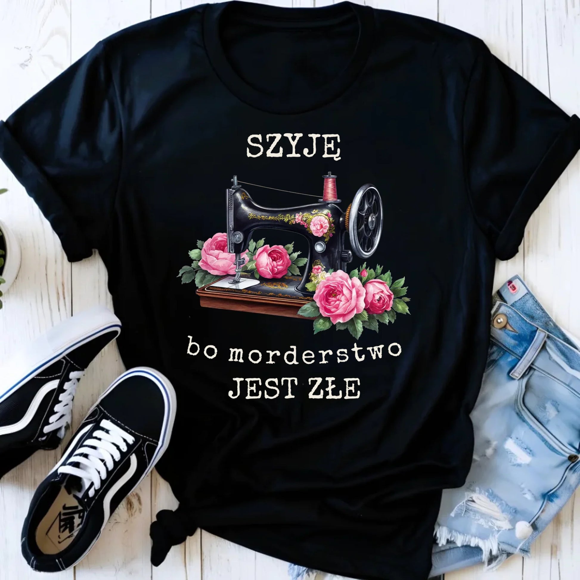 Koszulka damska szyciowa dla krawcowej - Szyję, bo morderstwo jest złe HS14 - StoryCups.pl