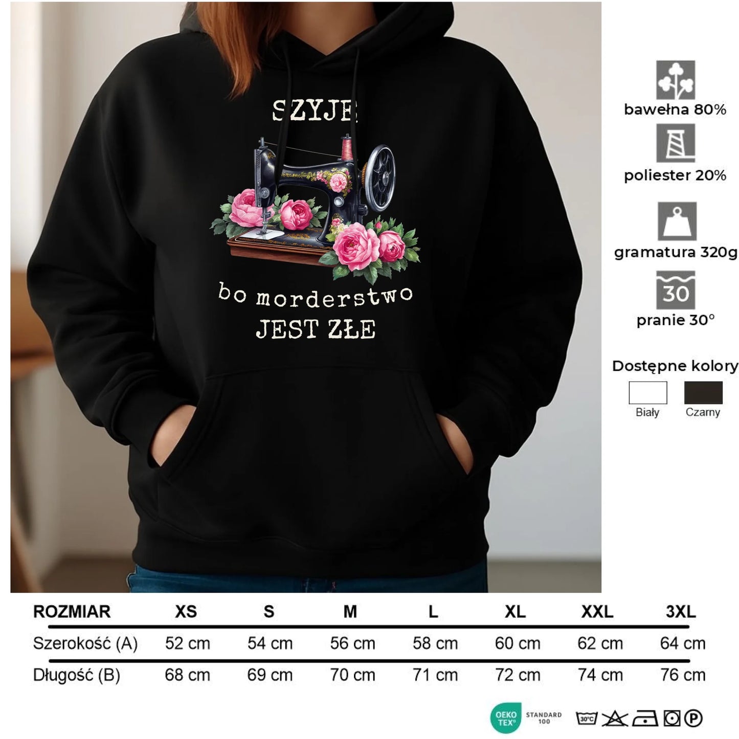 Bluza damska z kapturem szyciowa dla krawcowej - Szyję, bo morderstwo jest złe HS14 - StoryCups.pl