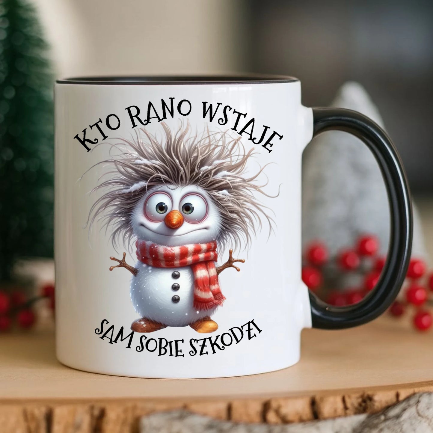 Kubek świąteczny - Bałwanek - Kto rano wstaje sam sobie szkodzi BN133 - StoryCups.pl