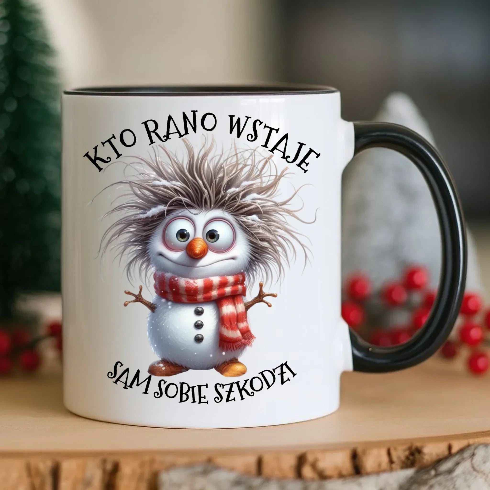 Kubek świąteczny - Bałwanek - Kto rano wstaje sam sobie szkodzi BN133 - StoryCups.pl