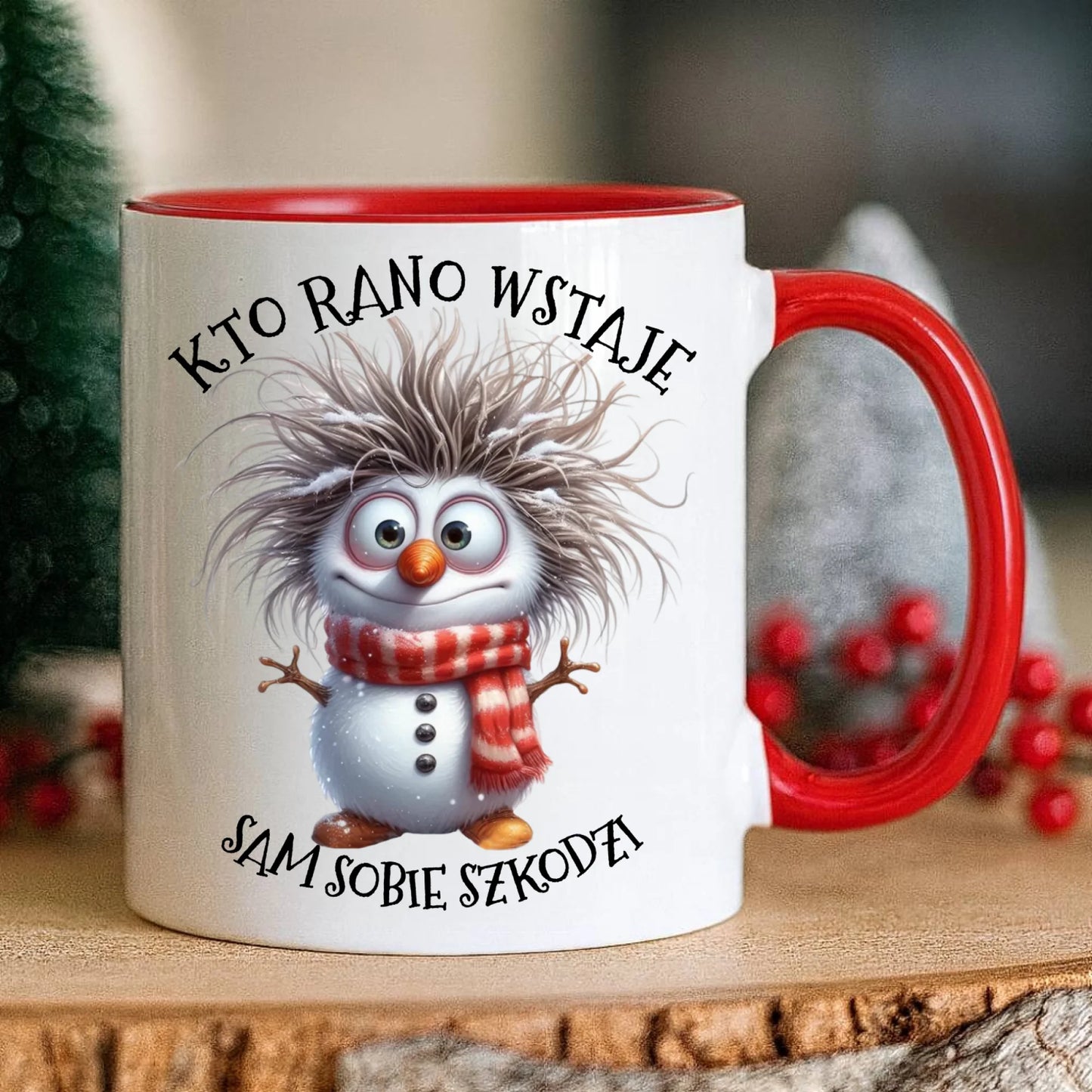 Kubek świąteczny - Bałwanek - Kto rano wstaje sam sobie szkodzi BN133 - StoryCups.pl