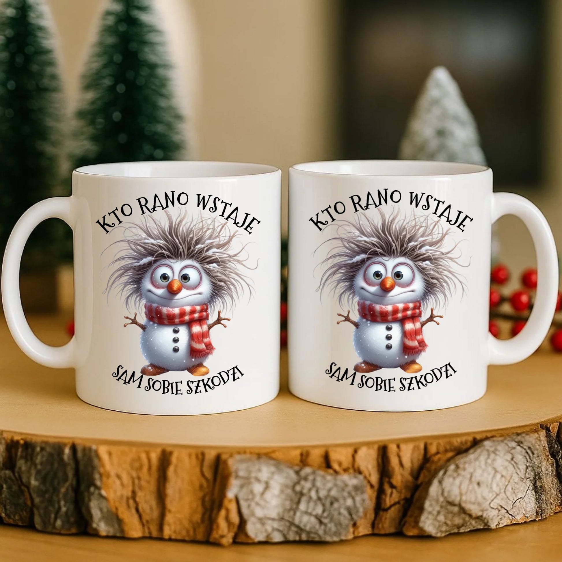 Kubek świąteczny - Bałwanek - Kto rano wstaje sam sobie szkodzi BN133 - StoryCups.pl