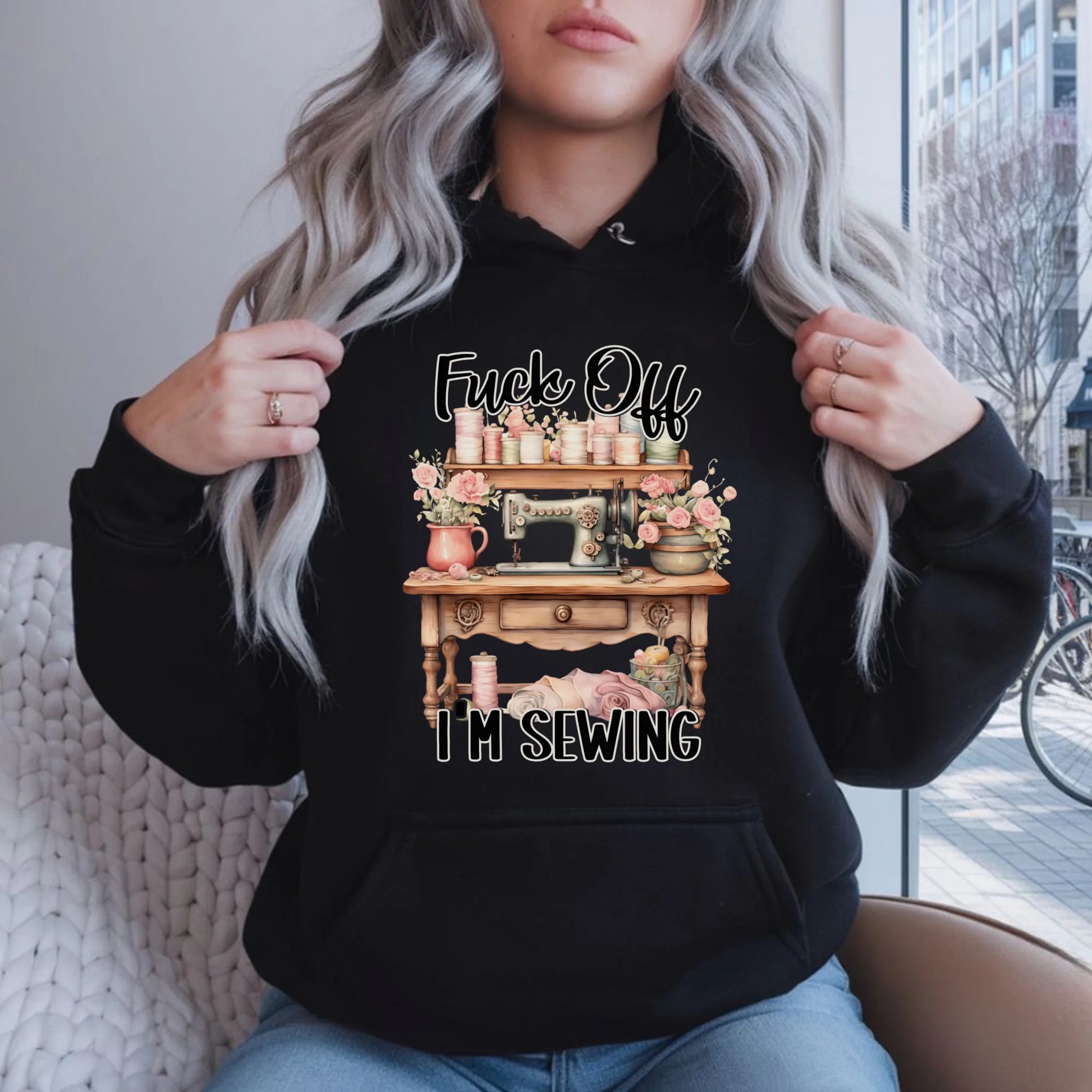 Bluza damska z kapturem szyciowa dla krawcowej - Fck off im sewing HS16 - StoryCups.pl