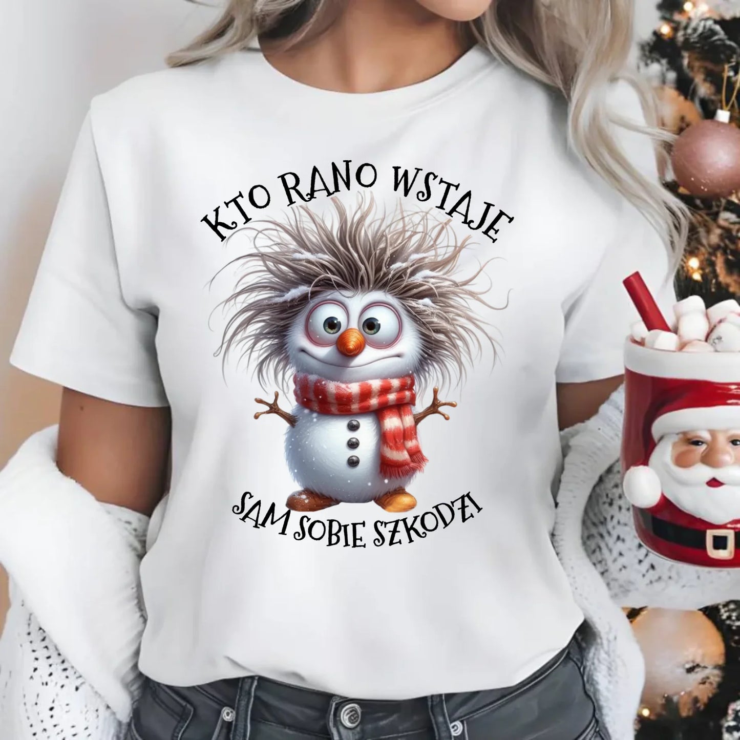 Koszulka damska świąteczna - Bałwanek - Kto rano wstaje sam sobie szkodzi BN133 - StoryCups.pl