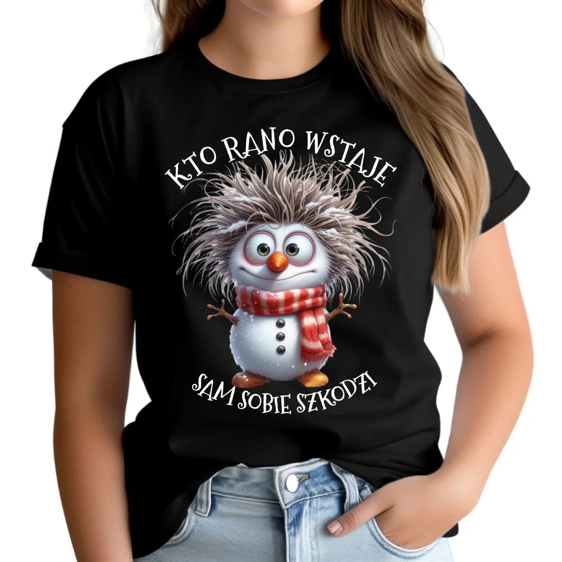 Koszulka damska świąteczna - Bałwanek - Kto rano wstaje sam sobie szkodzi BN133 - StoryCups.pl