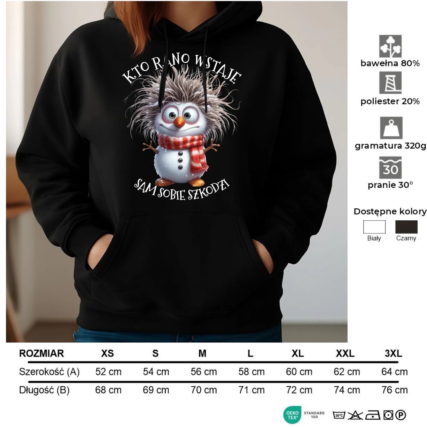 Bluza damska z kapturem świąteczna - Bałwanek - Kto rano wstaje sam sobie szkodzi BN133 - StoryCups.pl