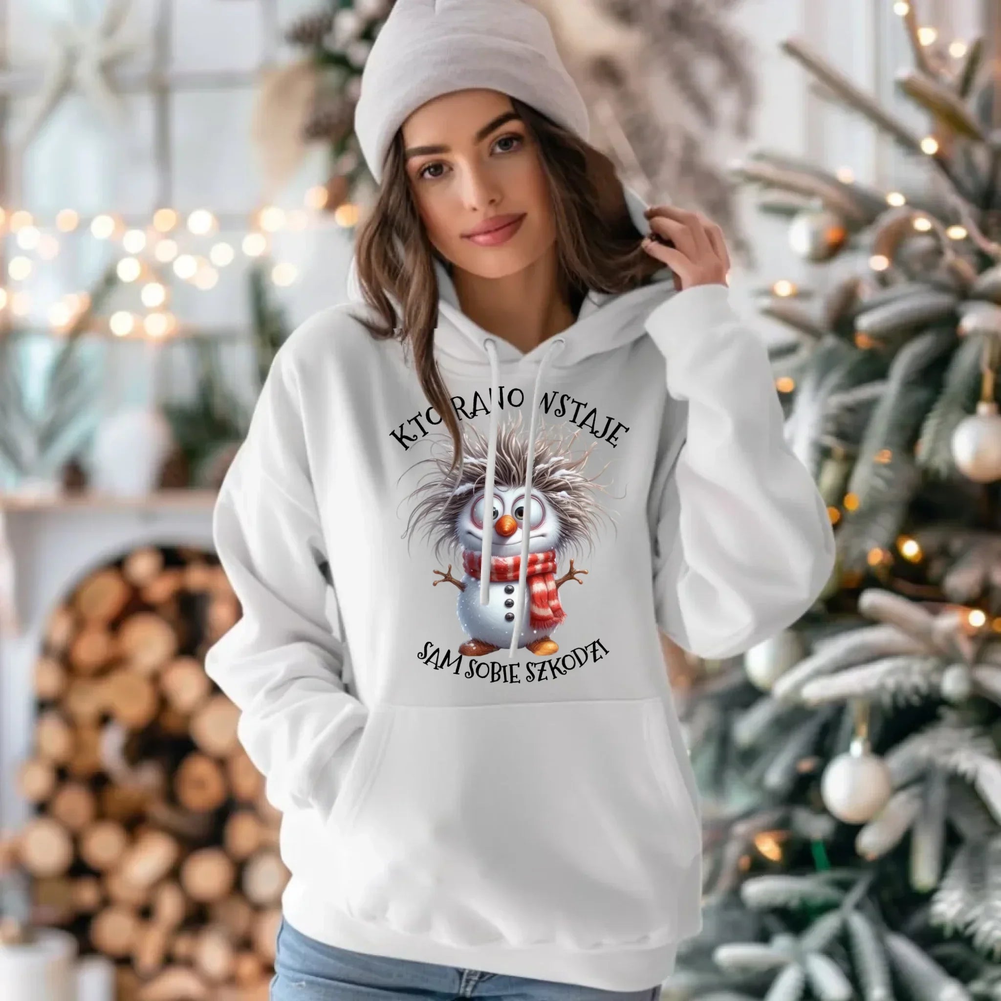 Bluza damska z kapturem świąteczna - Bałwanek - Kto rano wstaje sam sobie szkodzi BN133 - StoryCups.pl