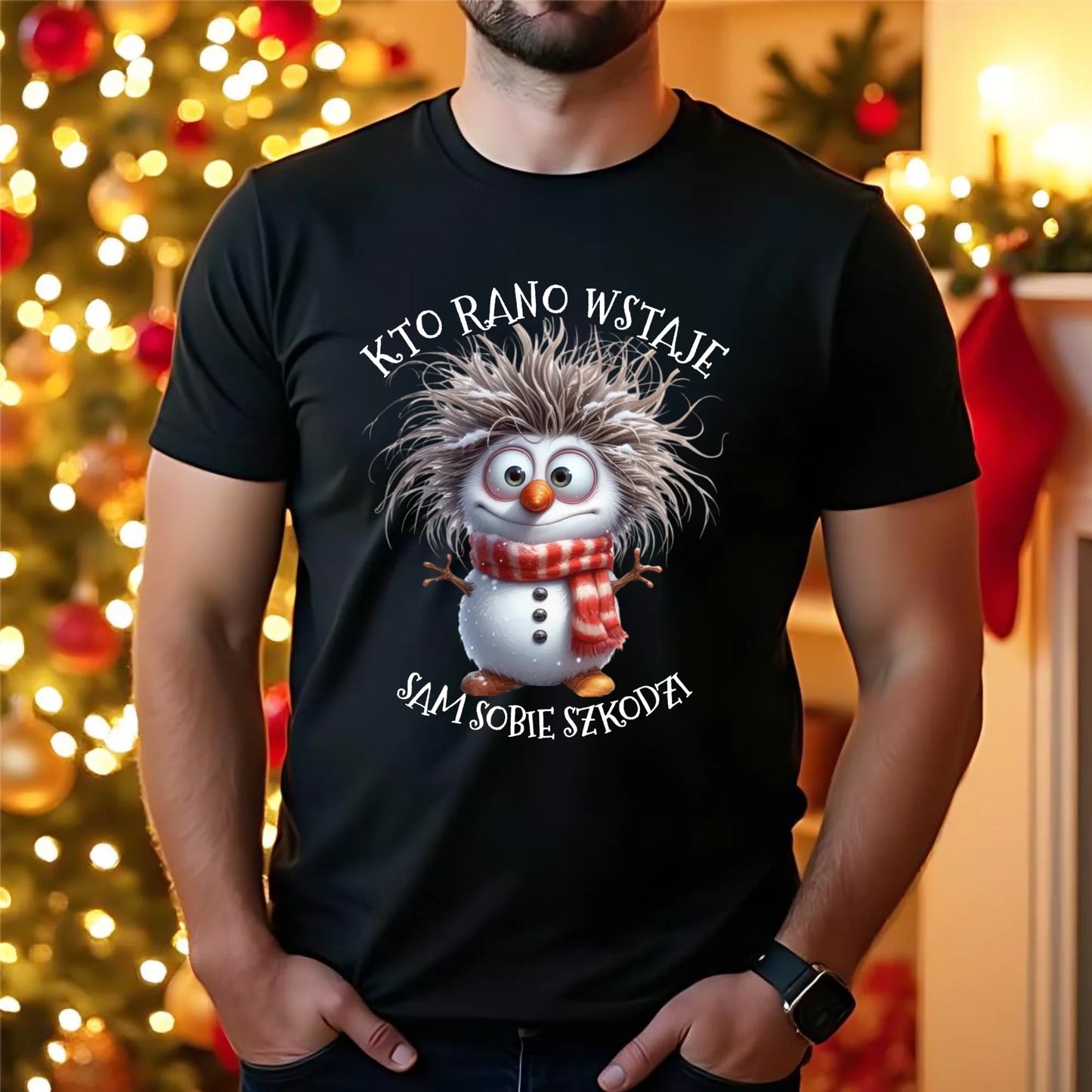 Koszulka męska świąteczna - Bałwanek - Kto rano wstaje sam sobie szkodzi BN133 - StoryCups.pl