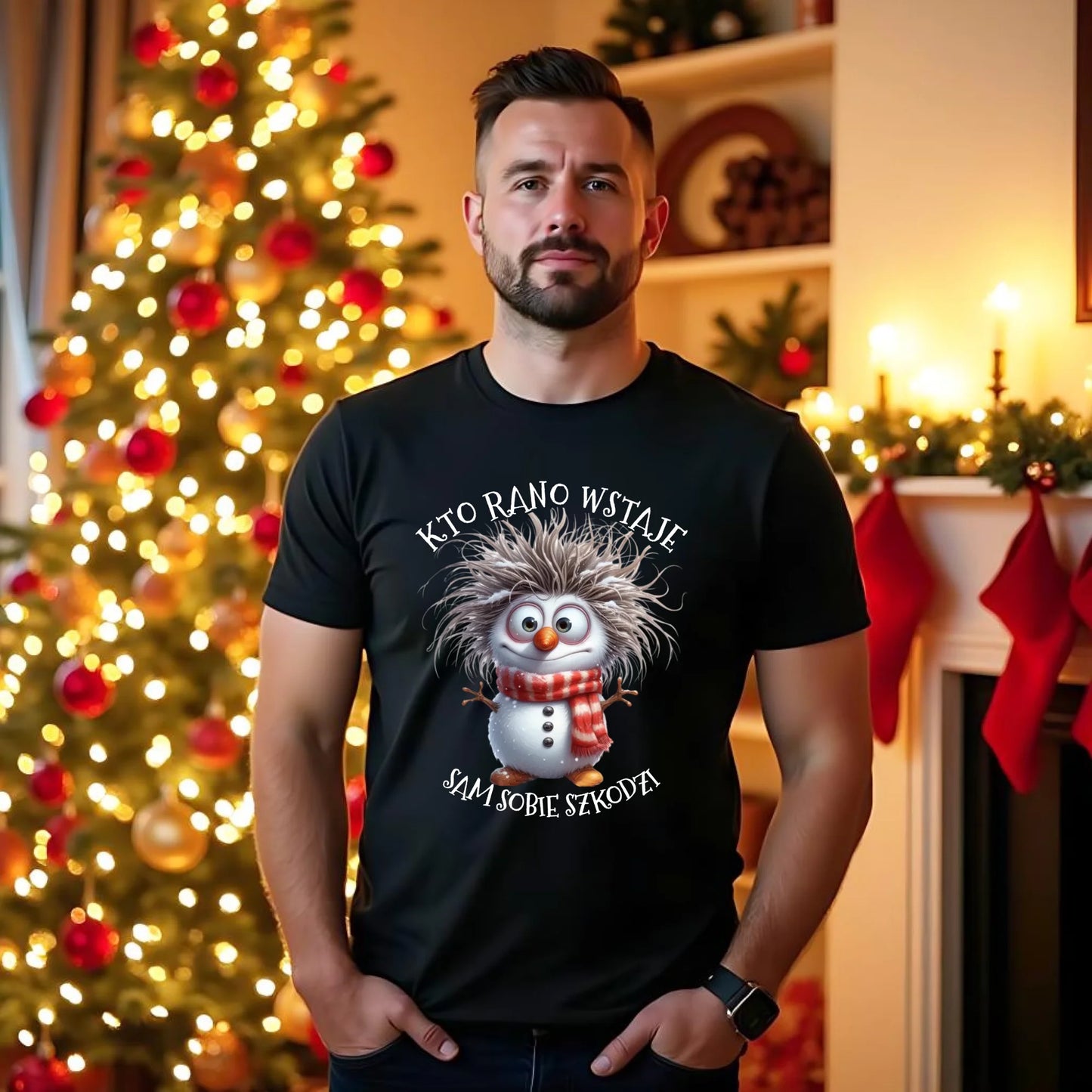 Koszulka męska świąteczna - Bałwanek - Kto rano wstaje sam sobie szkodzi BN133 - StoryCups.pl