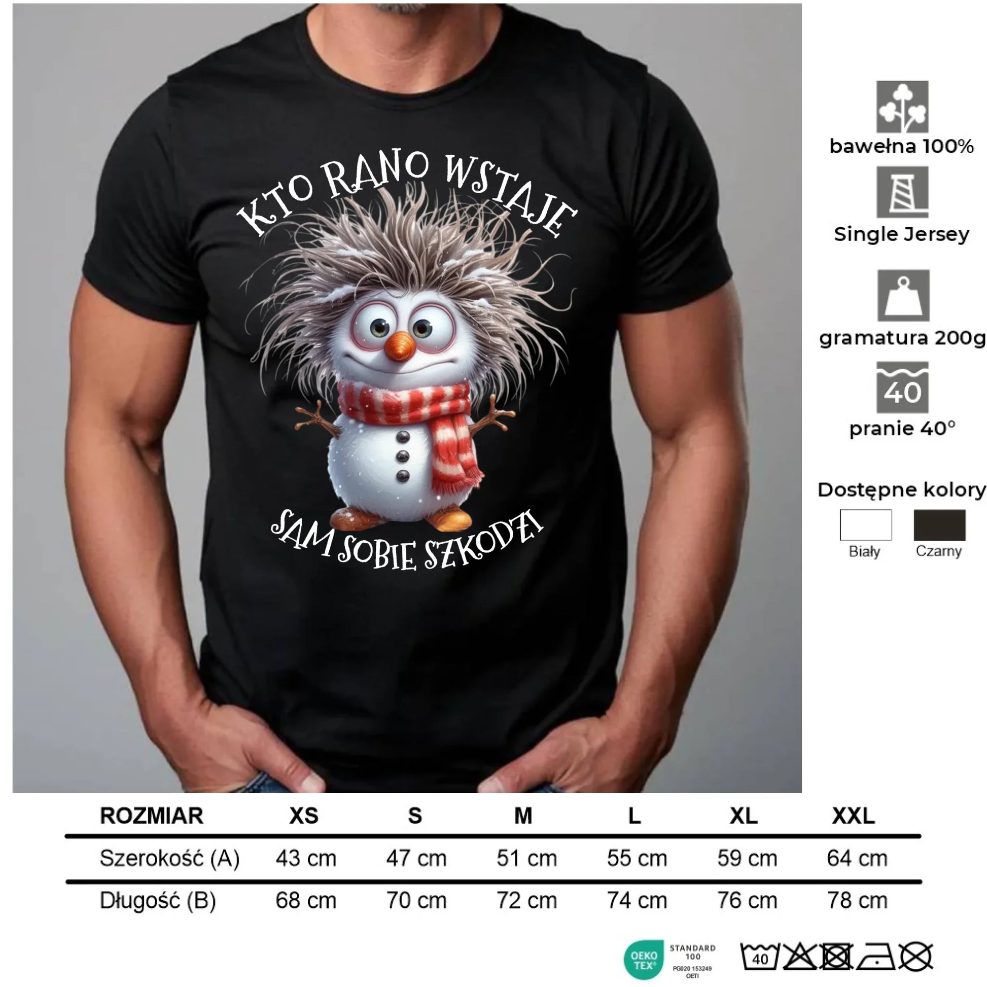 Koszulka męska świąteczna - Bałwanek - Kto rano wstaje sam sobie szkodzi BN133 - StoryCups.pl