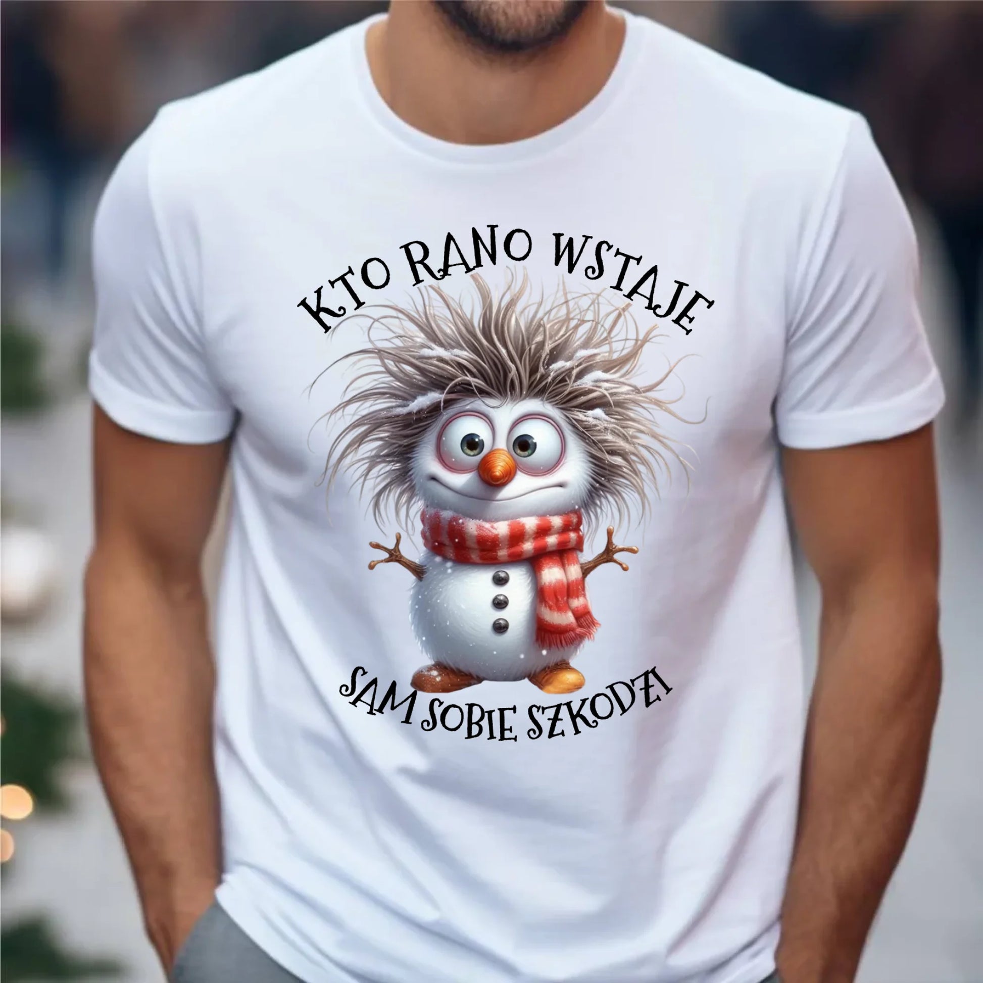 Koszulka męska świąteczna - Bałwanek - Kto rano wstaje sam sobie szkodzi BN133 - StoryCups.pl