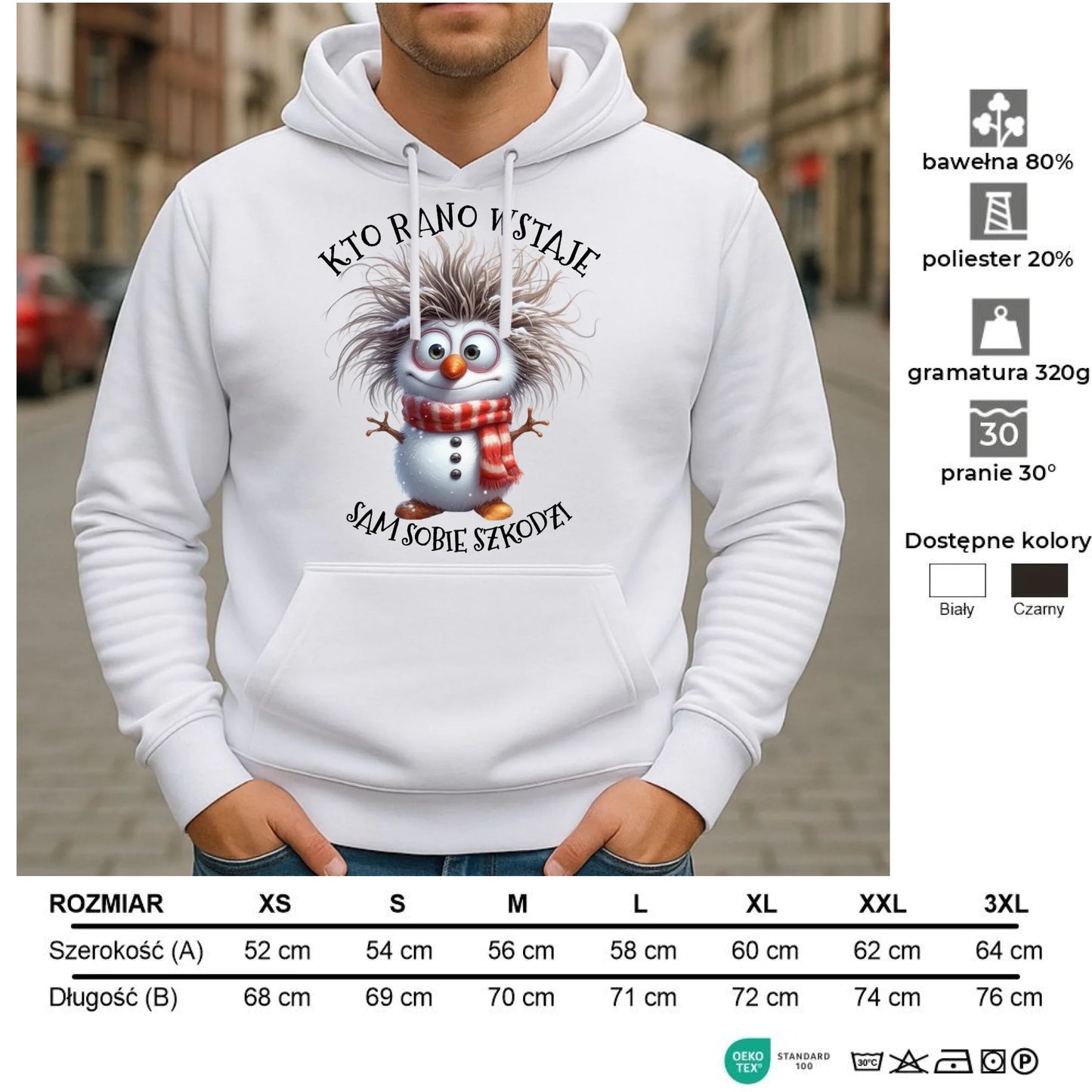 Bluza męska z kapturem świąteczna - Bałwanek - Kto rano wstaje sam sobie szkodzi BN133 - StoryCups.pl