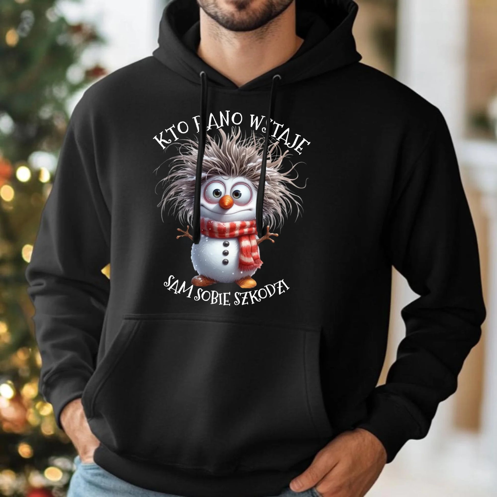 Bluza męska z kapturem świąteczna - Bałwanek - Kto rano wstaje sam sobie szkodzi BN133 - StoryCups.pl