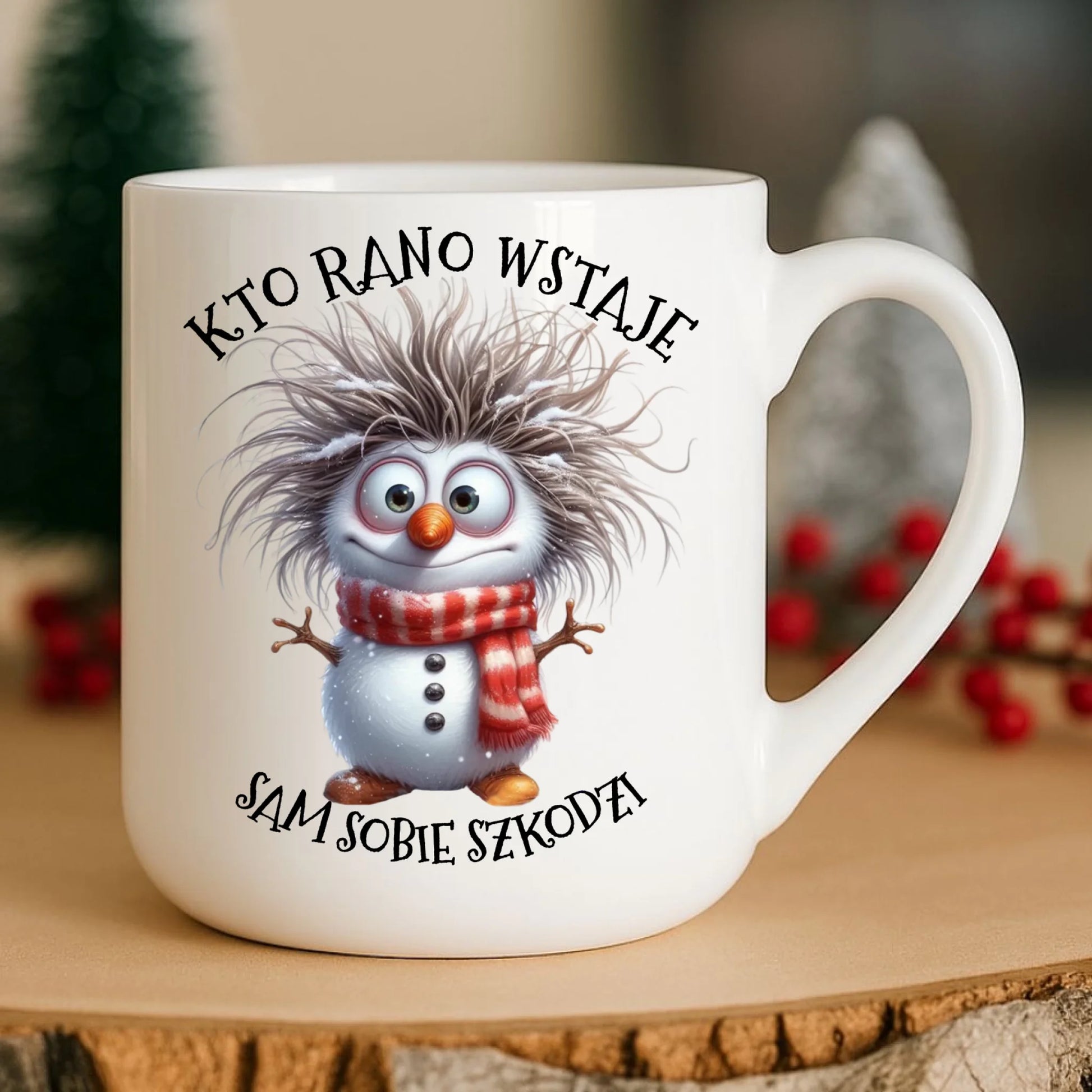 Kubek elegant świąteczny - Bałwanek - Kto rano wstaje sam sobie szkodzi BN133 - StoryCups.pl