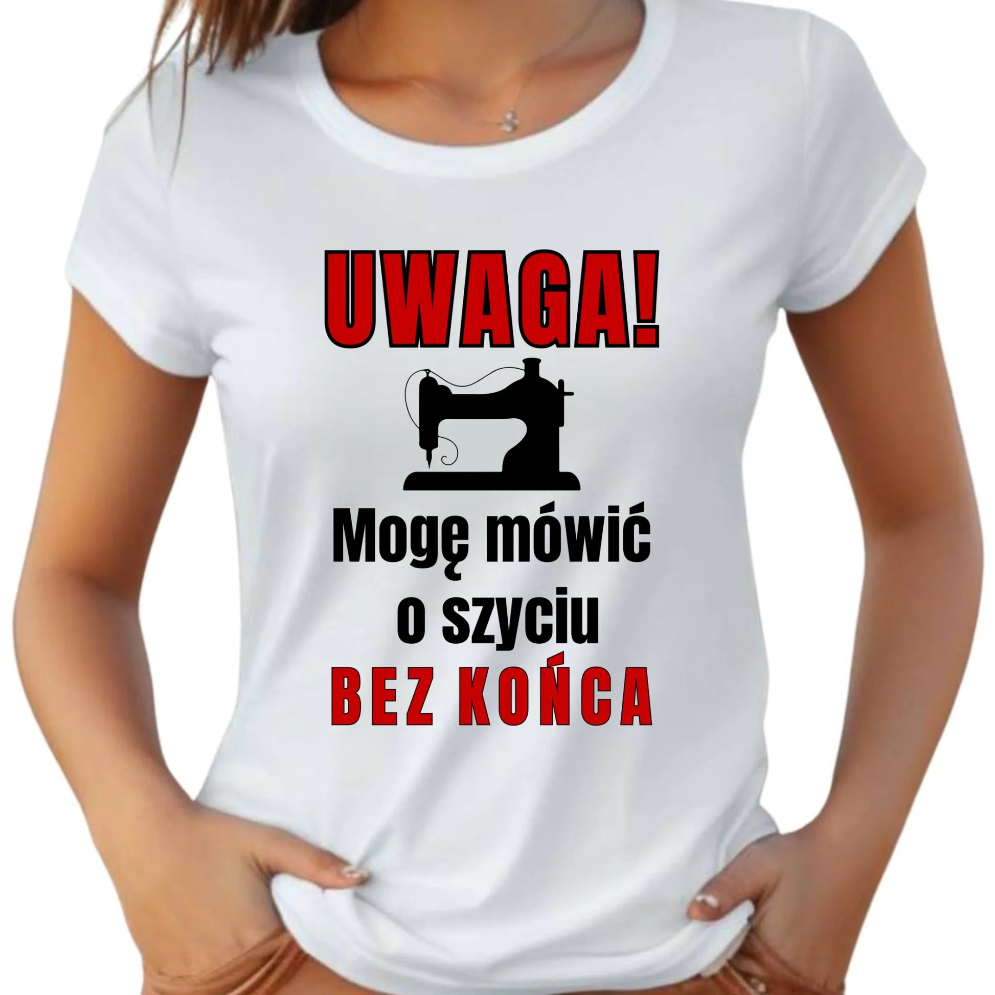 Koszulka damska szyciowa dla krawcowej - Mówić o szyciu bez końca HS19 - StoryCups.pl