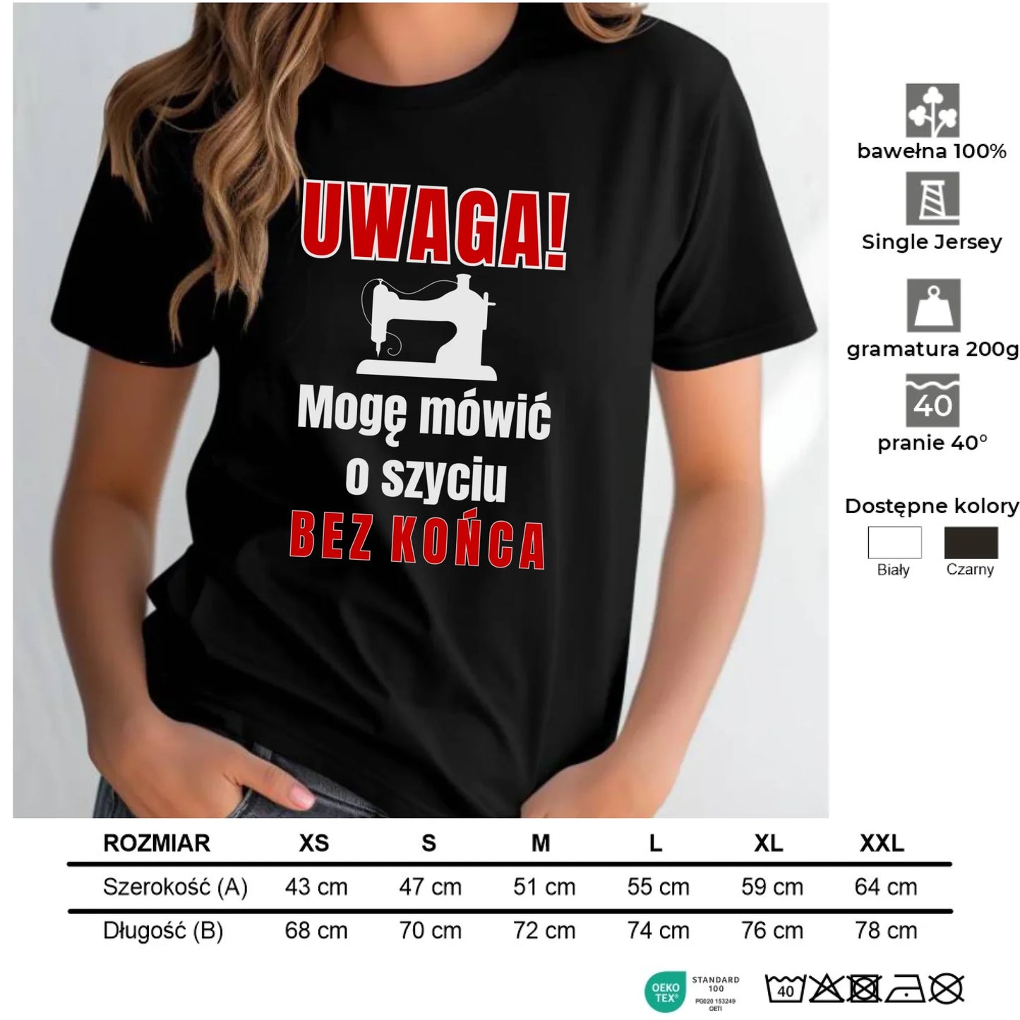 Koszulka damska szyciowa dla krawcowej - Mówić o szyciu bez końca HS19 - StoryCups.pl