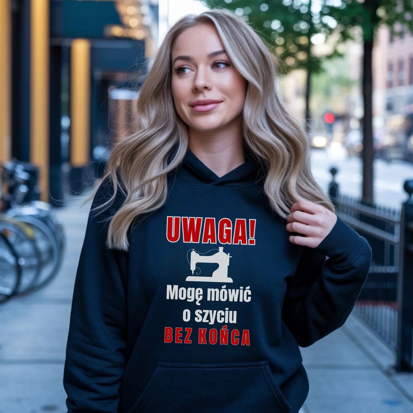 Bluza damska z kapturem szyciowa dla krawcowej - Mówić o szyciu bez końca HS19 - StoryCups.pl