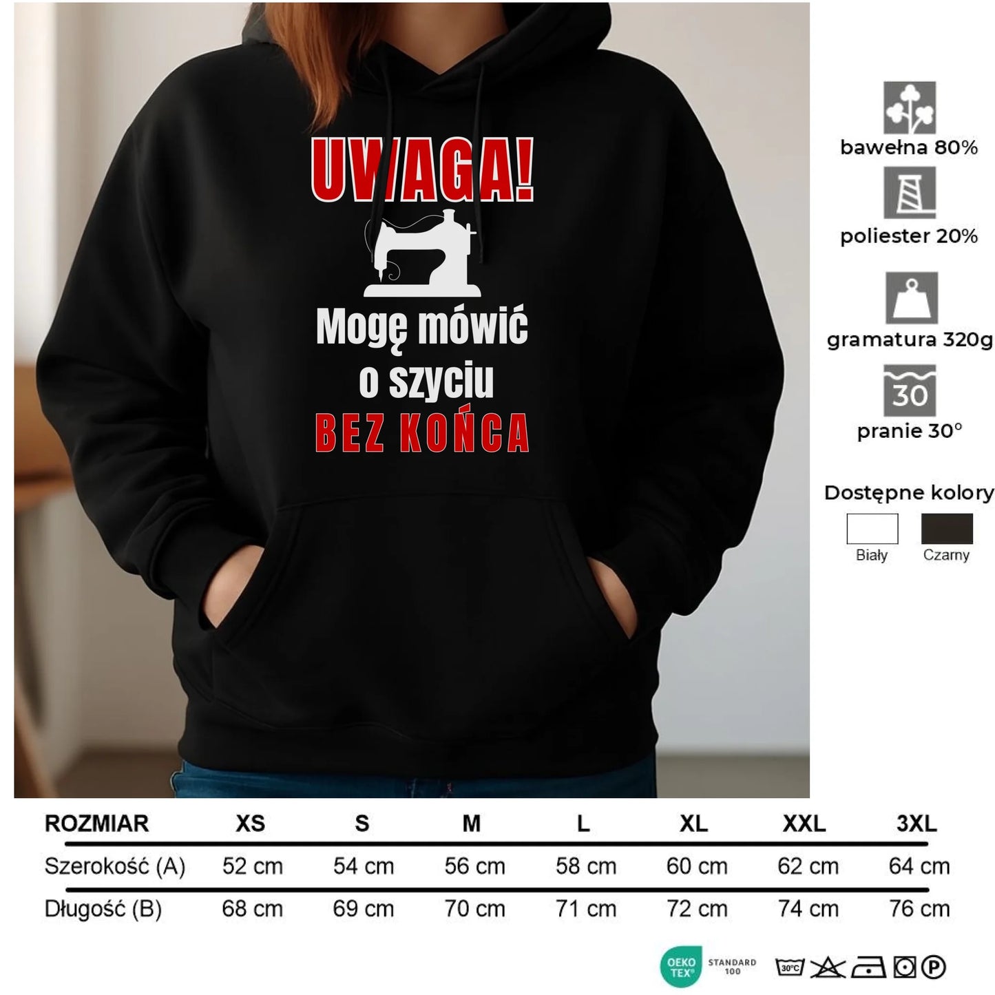 Bluza damska z kapturem szyciowa dla krawcowej - Mówić o szyciu bez końca HS19 - StoryCups.pl
