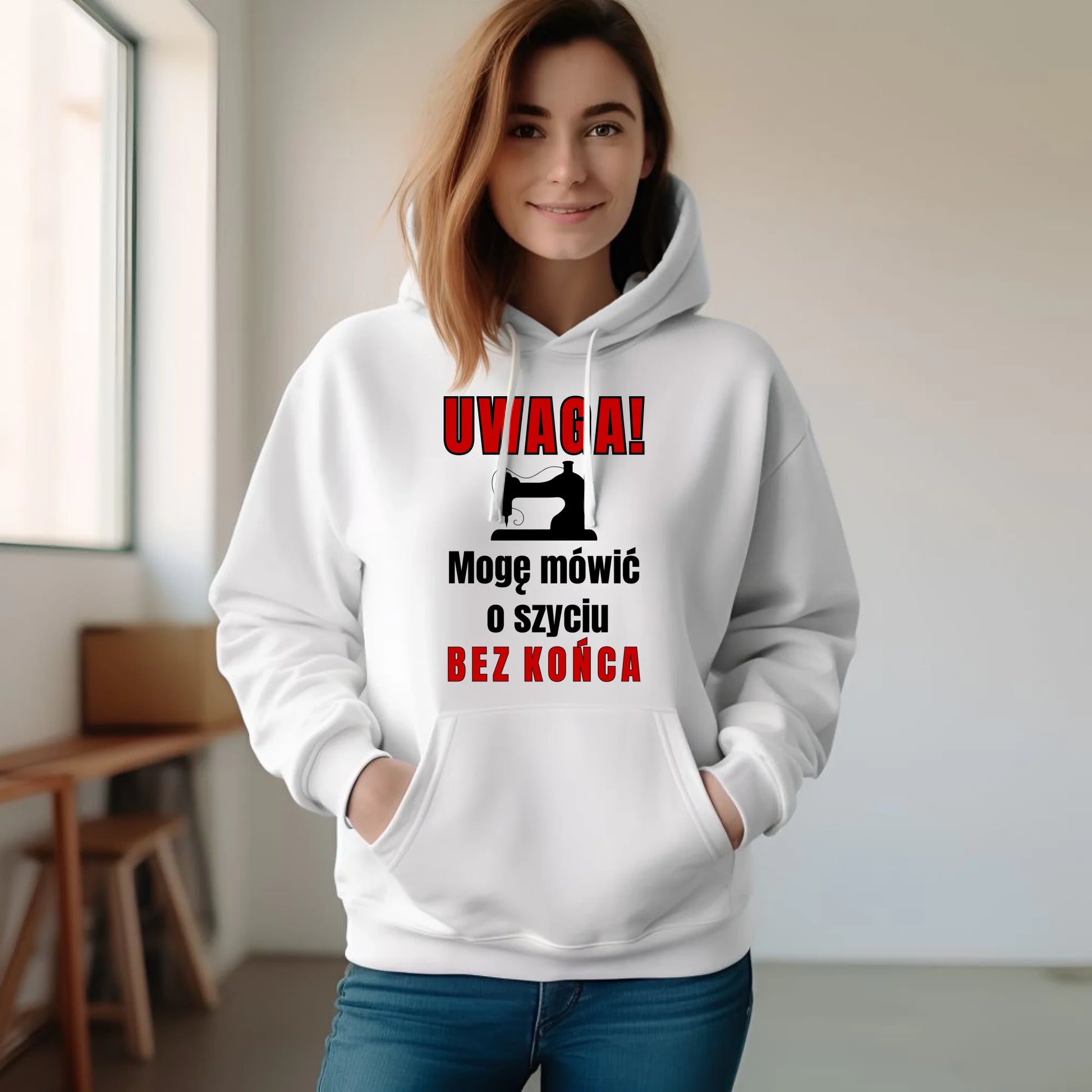 Bluza damska z kapturem szyciowa dla krawcowej - Mówić o szyciu bez końca HS19 - StoryCups.pl