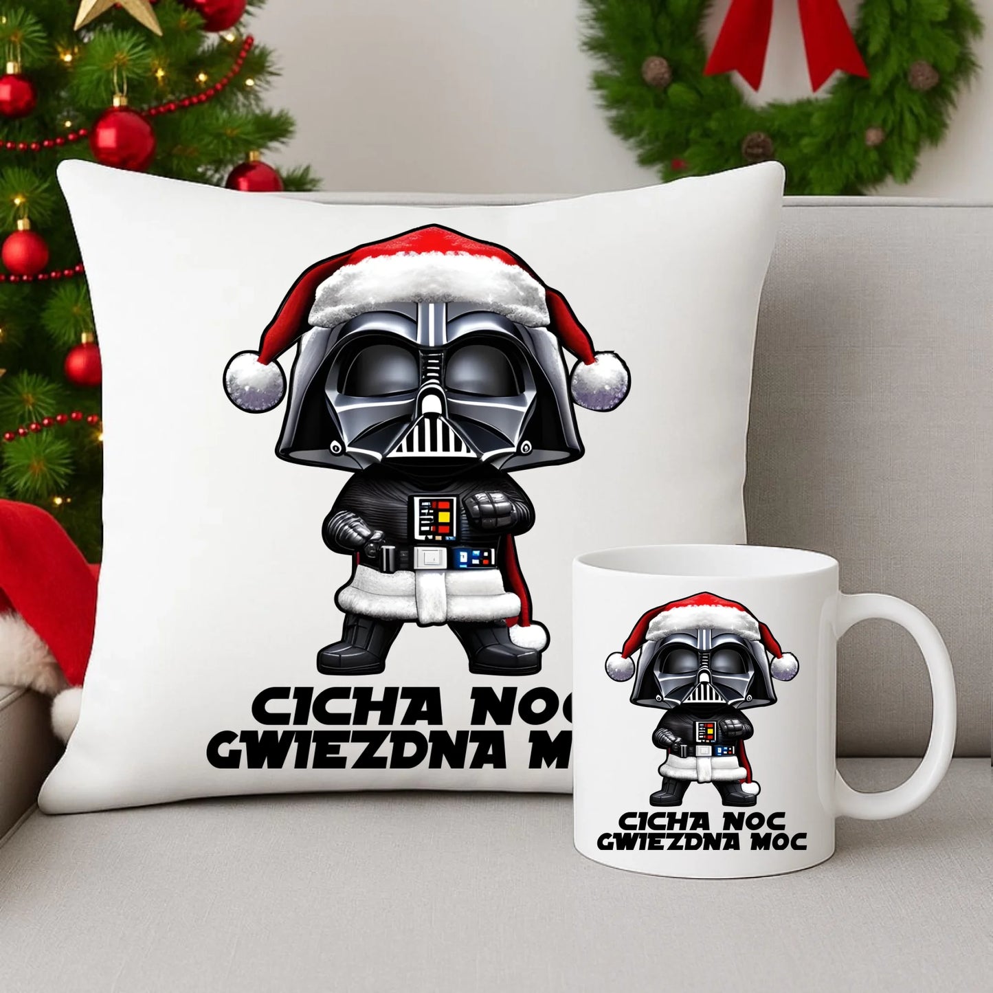 Zestaw poduszka i kubek świąteczny dla fanów Gwiezdnych Wojen - Cicha noc, gwiezdna moc BN132 - StoryCups.pl