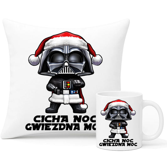 Zestaw poduszka i kubek świąteczny dla fanów Gwiezdnych Wojen - Cicha noc, gwiezdna moc BN132 - StoryCups.pl
