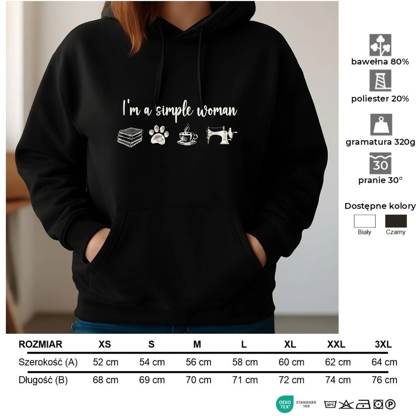 Bluza damska z kapturem szyciowa dla krawcowej - I'm a simple woman HS20 - StoryCups.pl