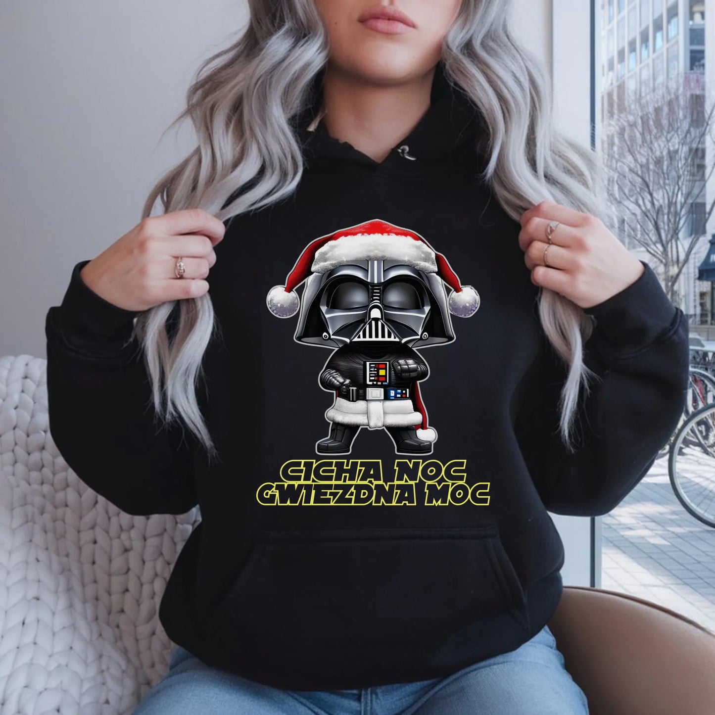 Bluza damska z kapturem świąteczna dla fanów Gwiezdnych Wojen - Cicha noc, gwiezdna moc BN132 - StoryCups.pl