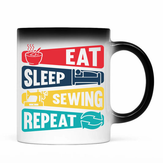 Kubek magiczny szyciowy dla krawcowej - Eat sleep sewing repeat HS21 - StoryCups.pl