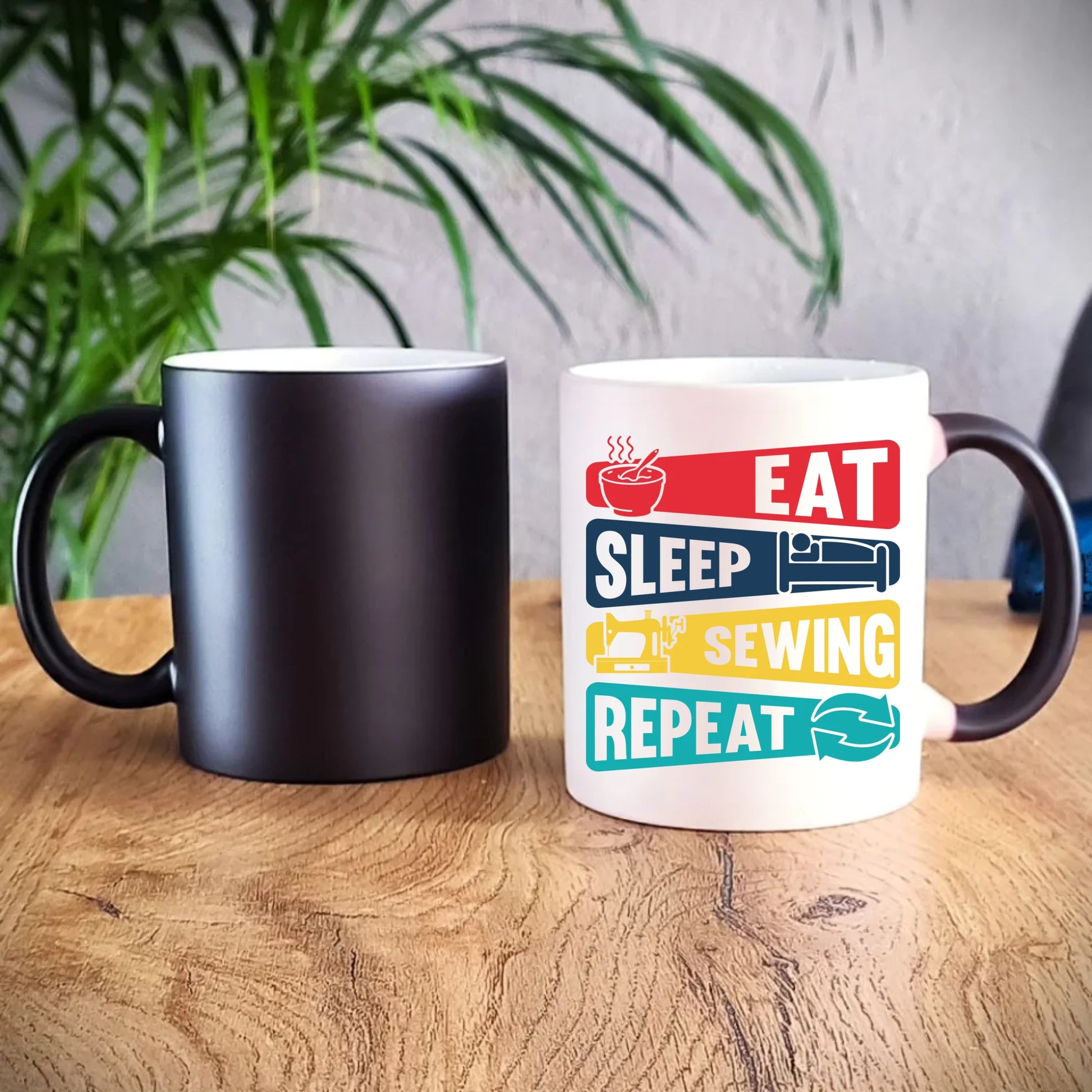 Kubek magiczny szyciowy dla krawcowej - Eat sleep sewing repeat HS21 - StoryCups.pl