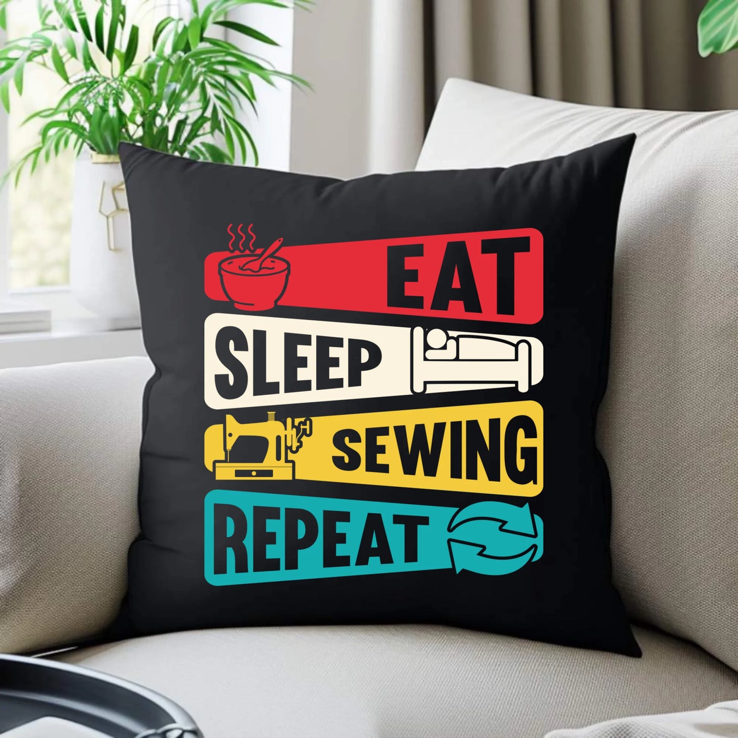 Poduszka dekoracyjna szyciowa dla krawcowej - Eat sleep sewing repeat HS21 - StoryCups.pl