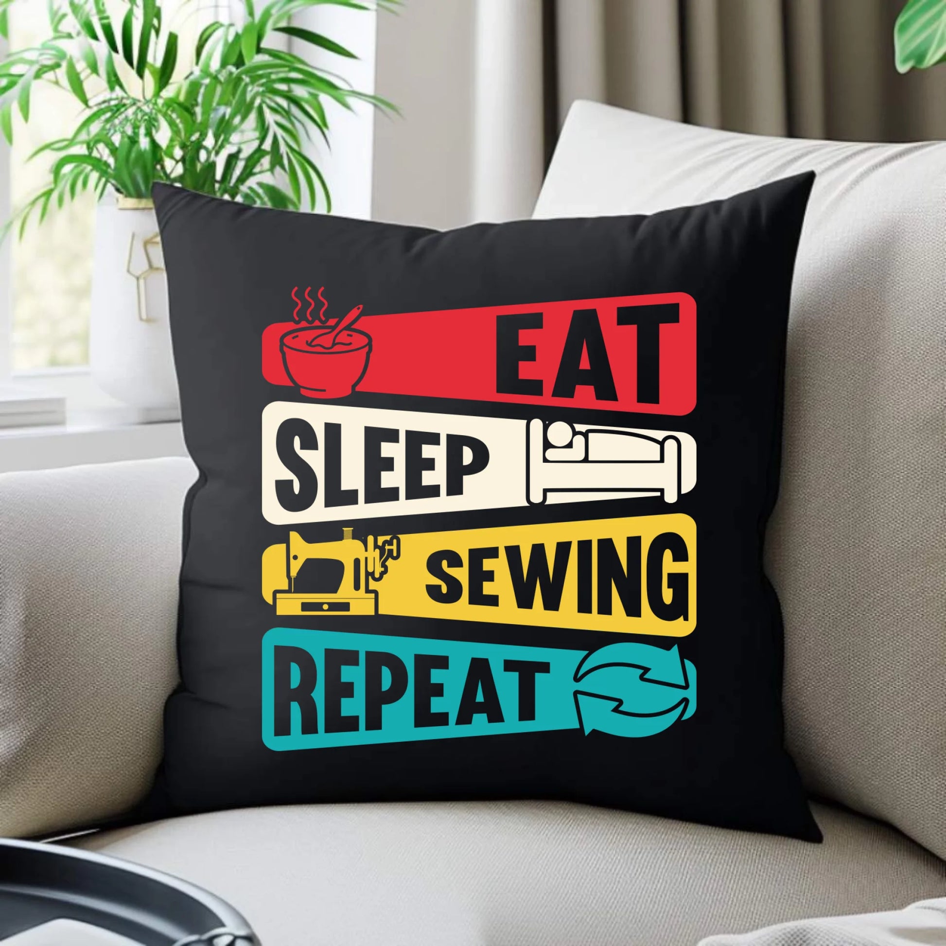 Poduszka dekoracyjna szyciowa dla krawcowej - Eat sleep sewing repeat HS21 - StoryCups.pl