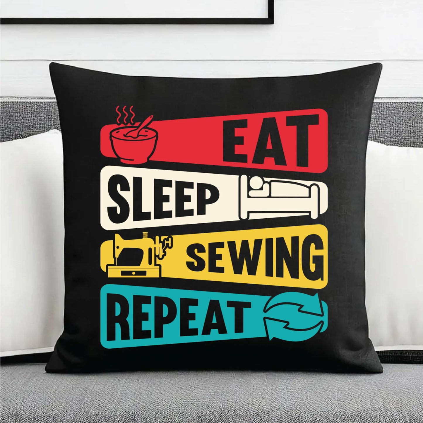 Poduszka dekoracyjna szyciowa dla krawcowej - Eat sleep sewing repeat HS21 - StoryCups.pl