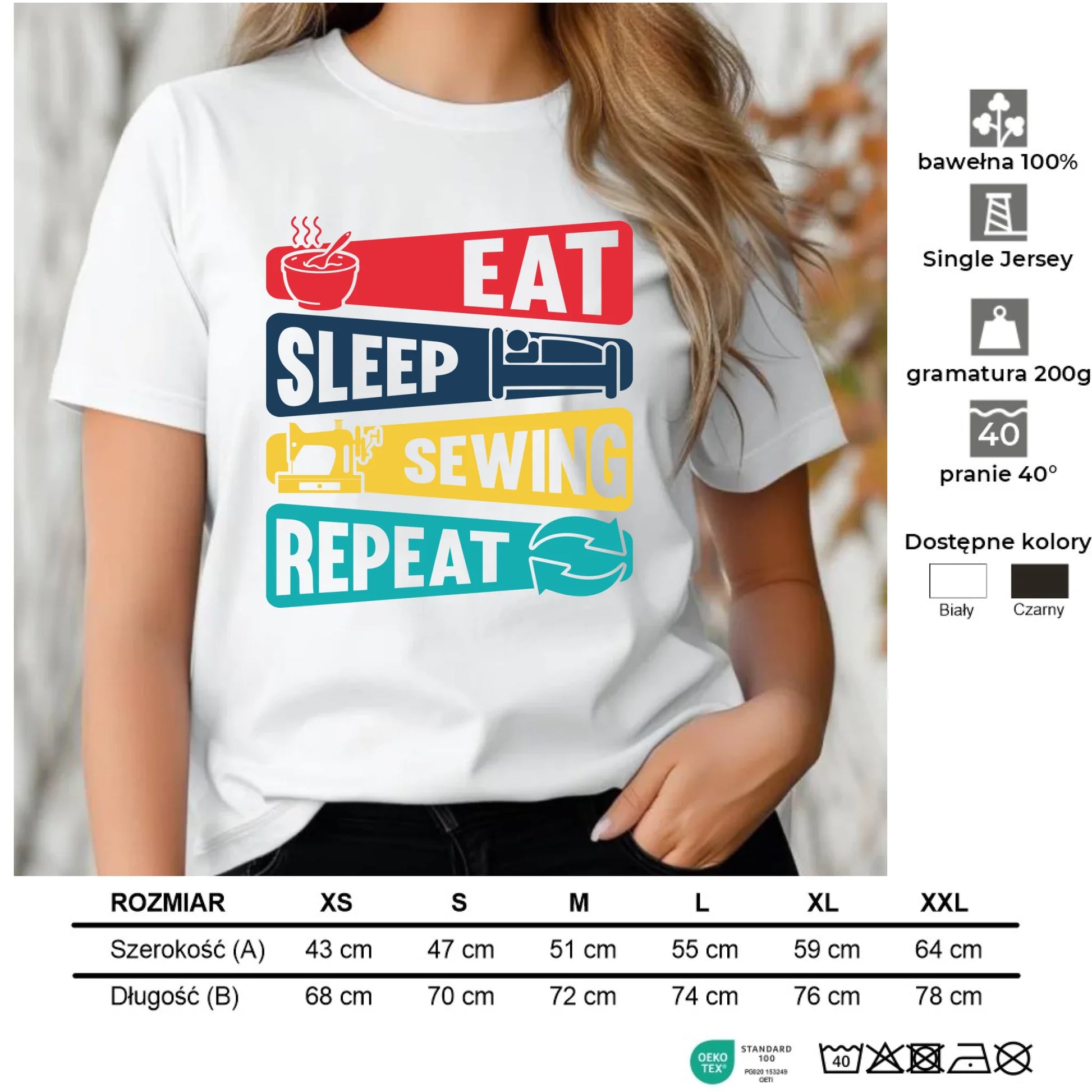 Koszulka damska szyciowa dla krawcowej - Eat sleep sewing repeat HS21 - StoryCups.pl