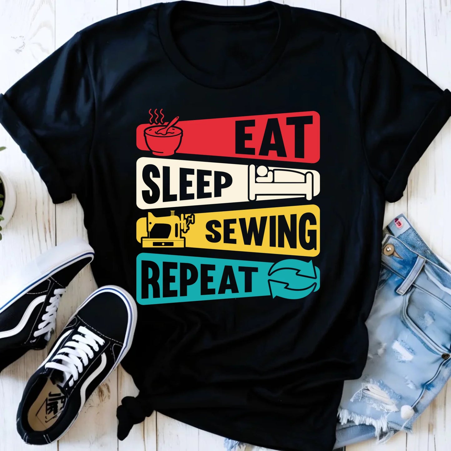 Koszulka damska szyciowa dla krawcowej - Eat sleep sewing repeat HS21 - StoryCups.pl