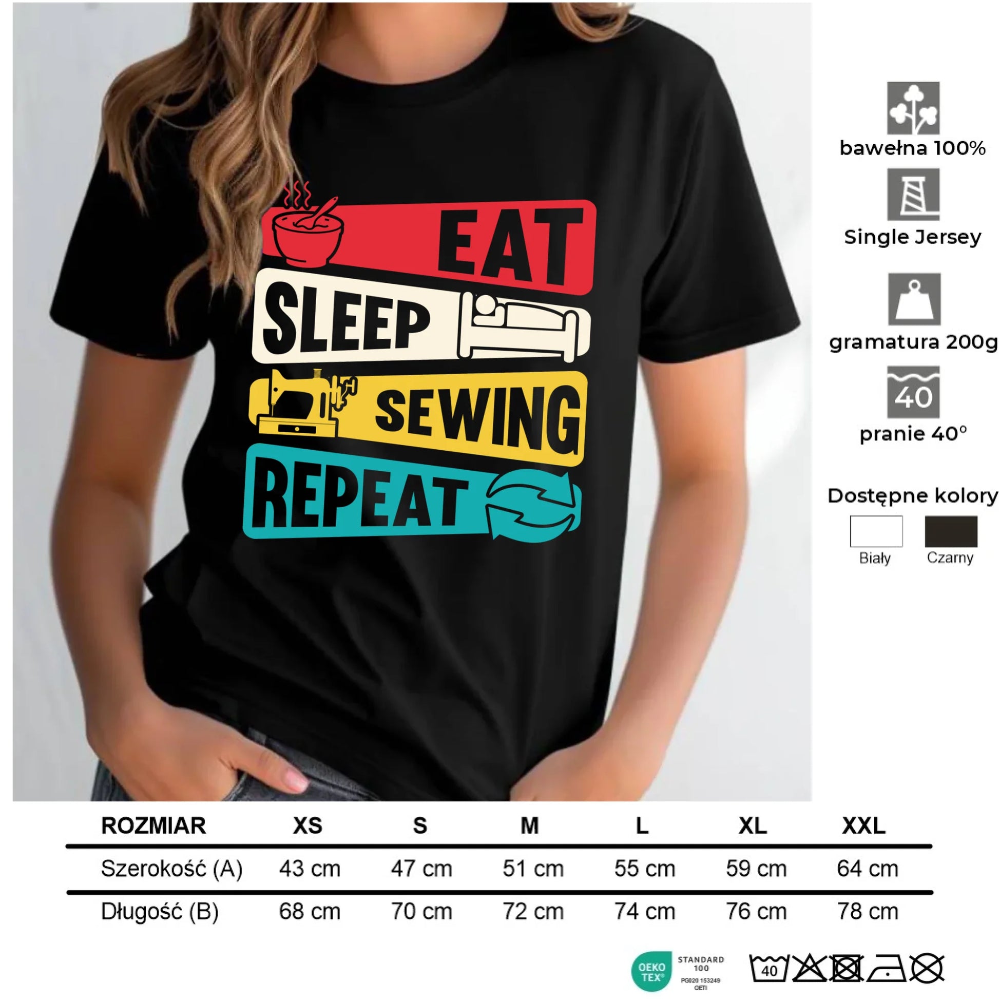 Koszulka damska szyciowa dla krawcowej - Eat sleep sewing repeat HS21 - StoryCups.pl