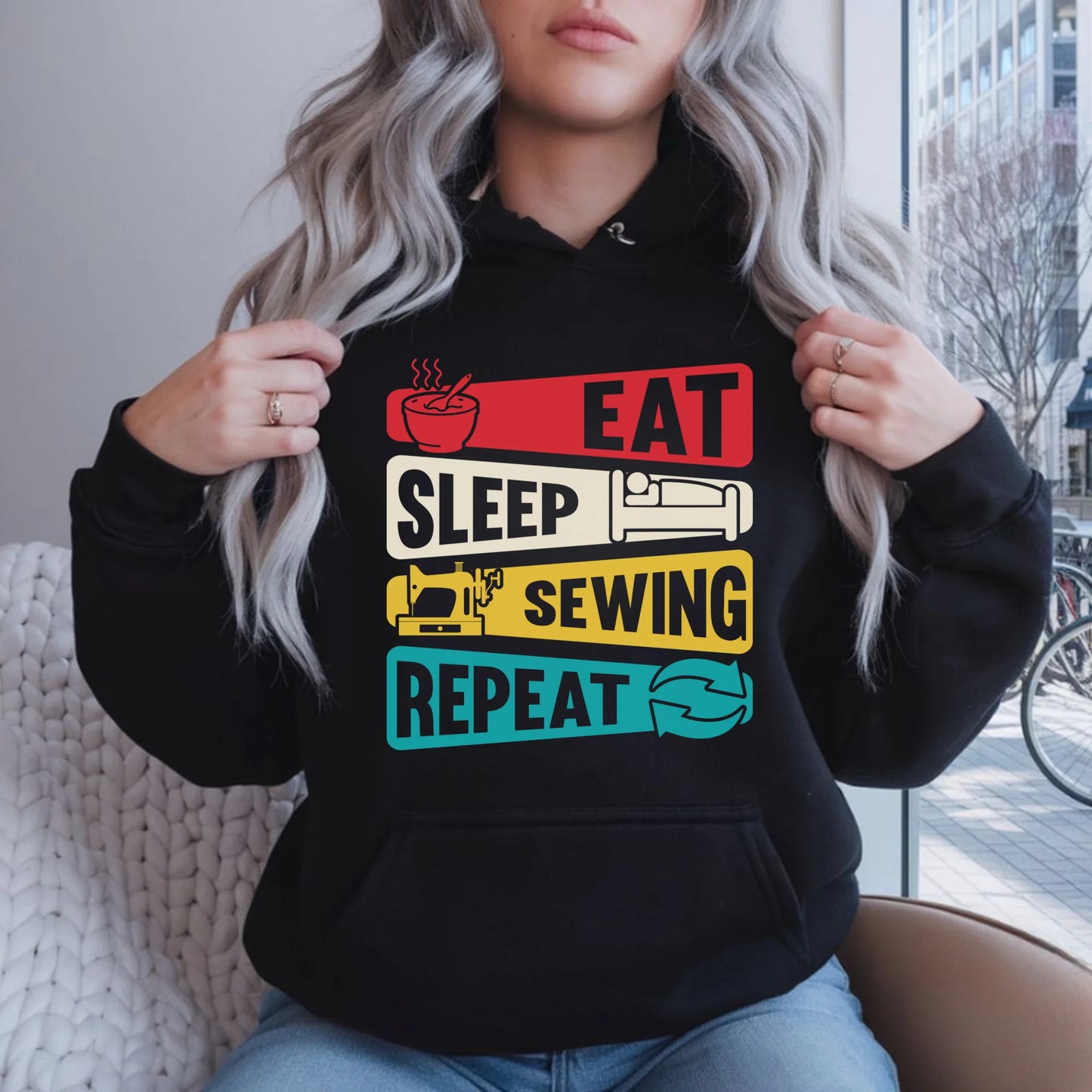 Bluza damska z kapturem szyciowa dla krawcowej - Eat sleep sewing repeat HS21 - StoryCups.pl
