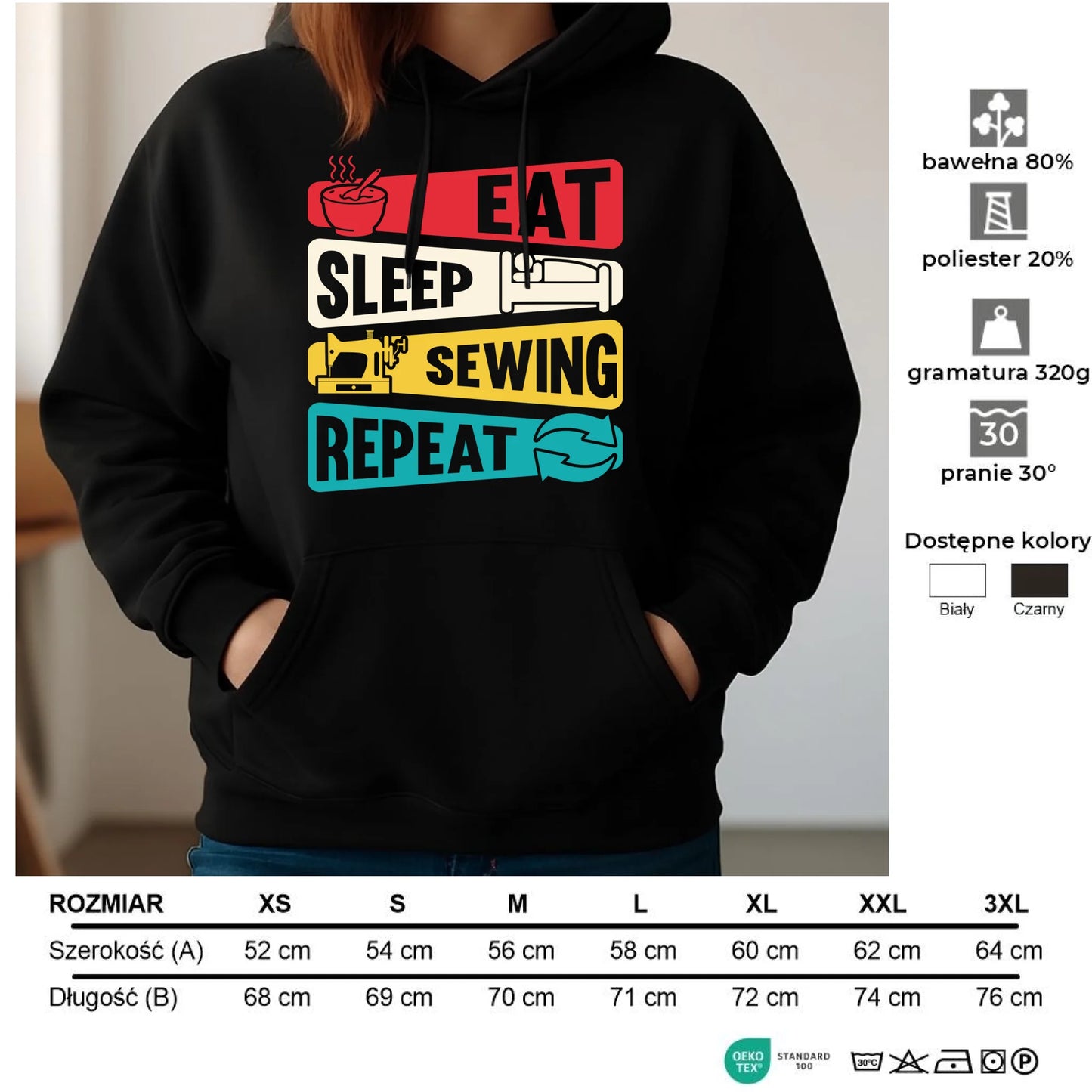 Bluza damska z kapturem szyciowa dla krawcowej - Eat sleep sewing repeat HS21 - StoryCups.pl
