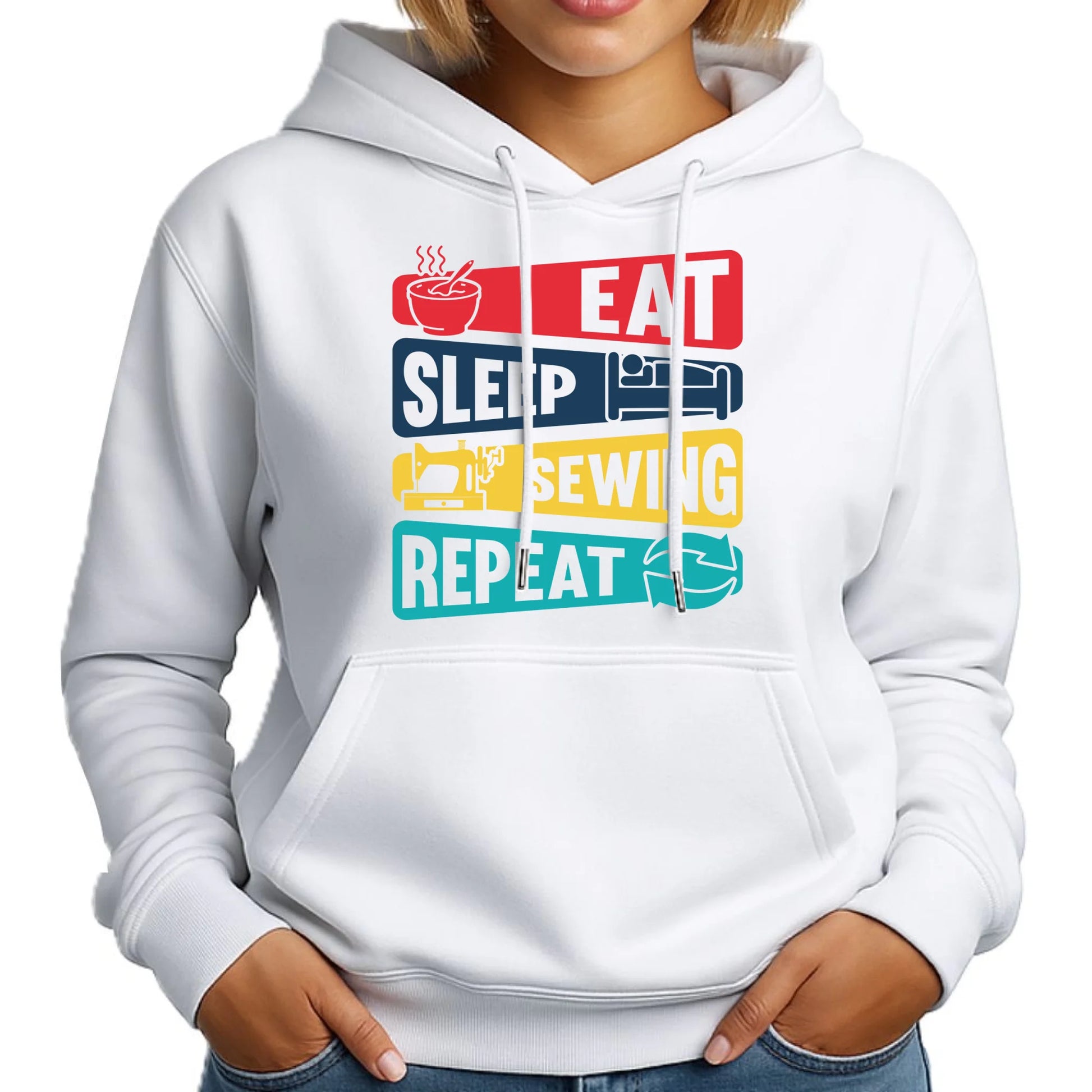 Bluza damska z kapturem szyciowa dla krawcowej - Eat sleep sewing repeat HS21 - StoryCups.pl