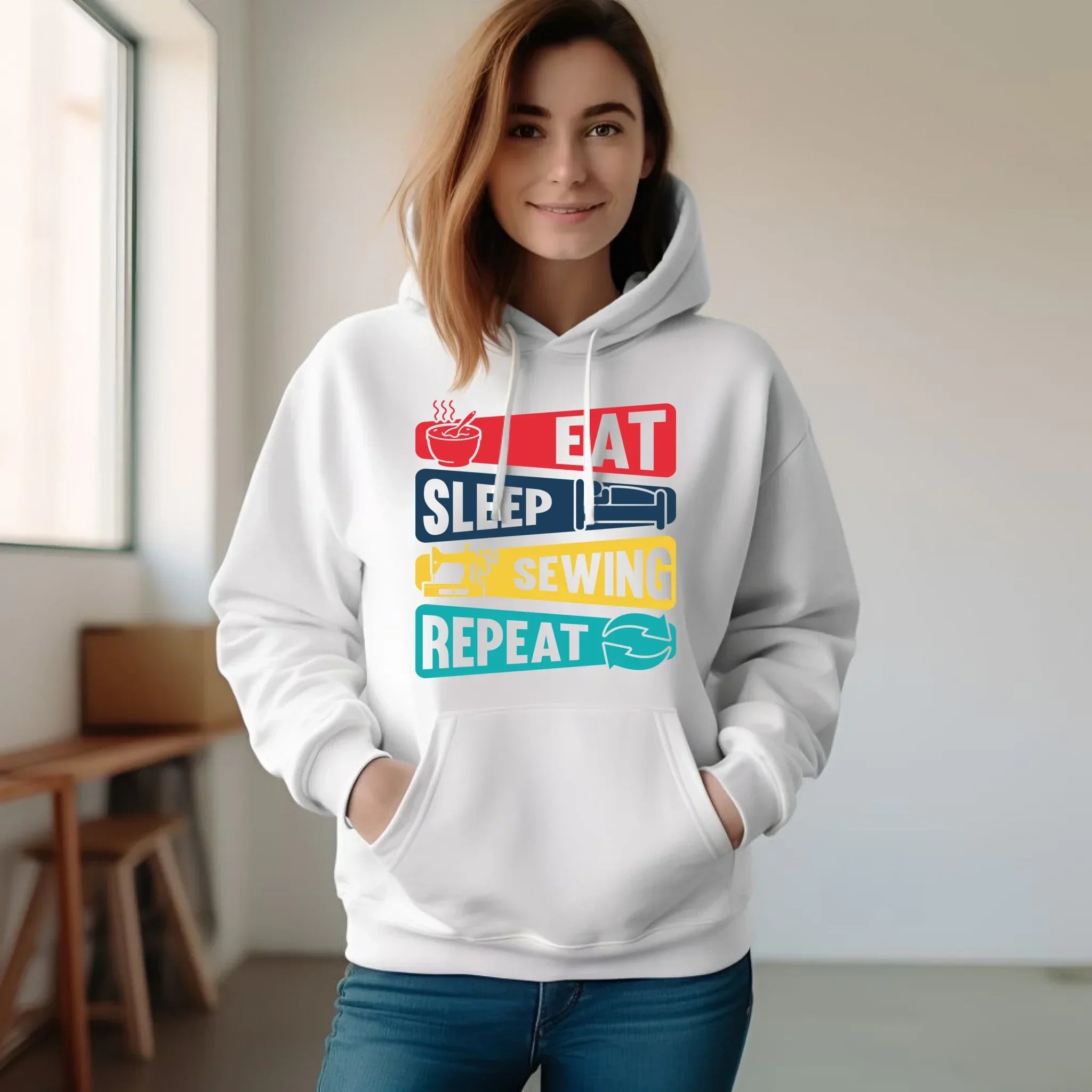 Bluza damska z kapturem szyciowa dla krawcowej - Eat sleep sewing repeat HS21 - StoryCups.pl
