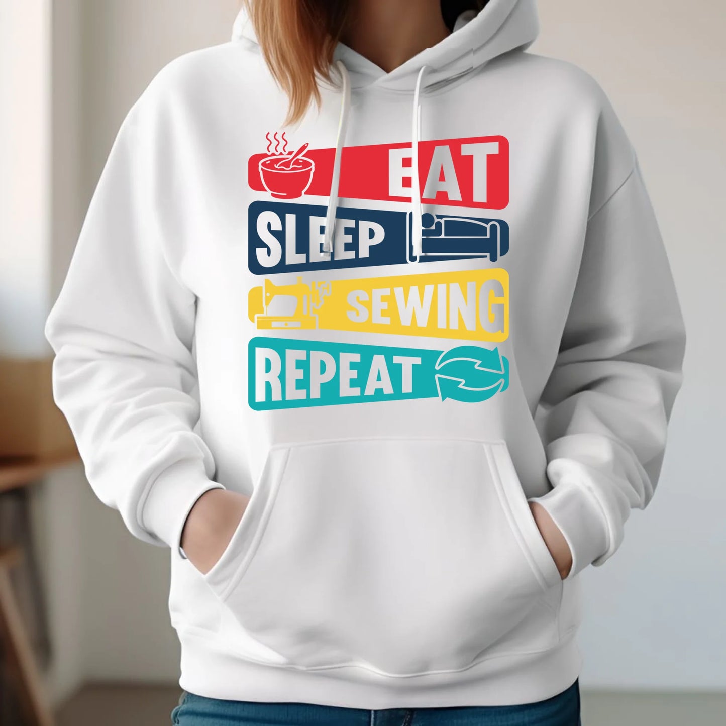 Bluza damska z kapturem szyciowa dla krawcowej - Eat sleep sewing repeat HS21 - StoryCups.pl