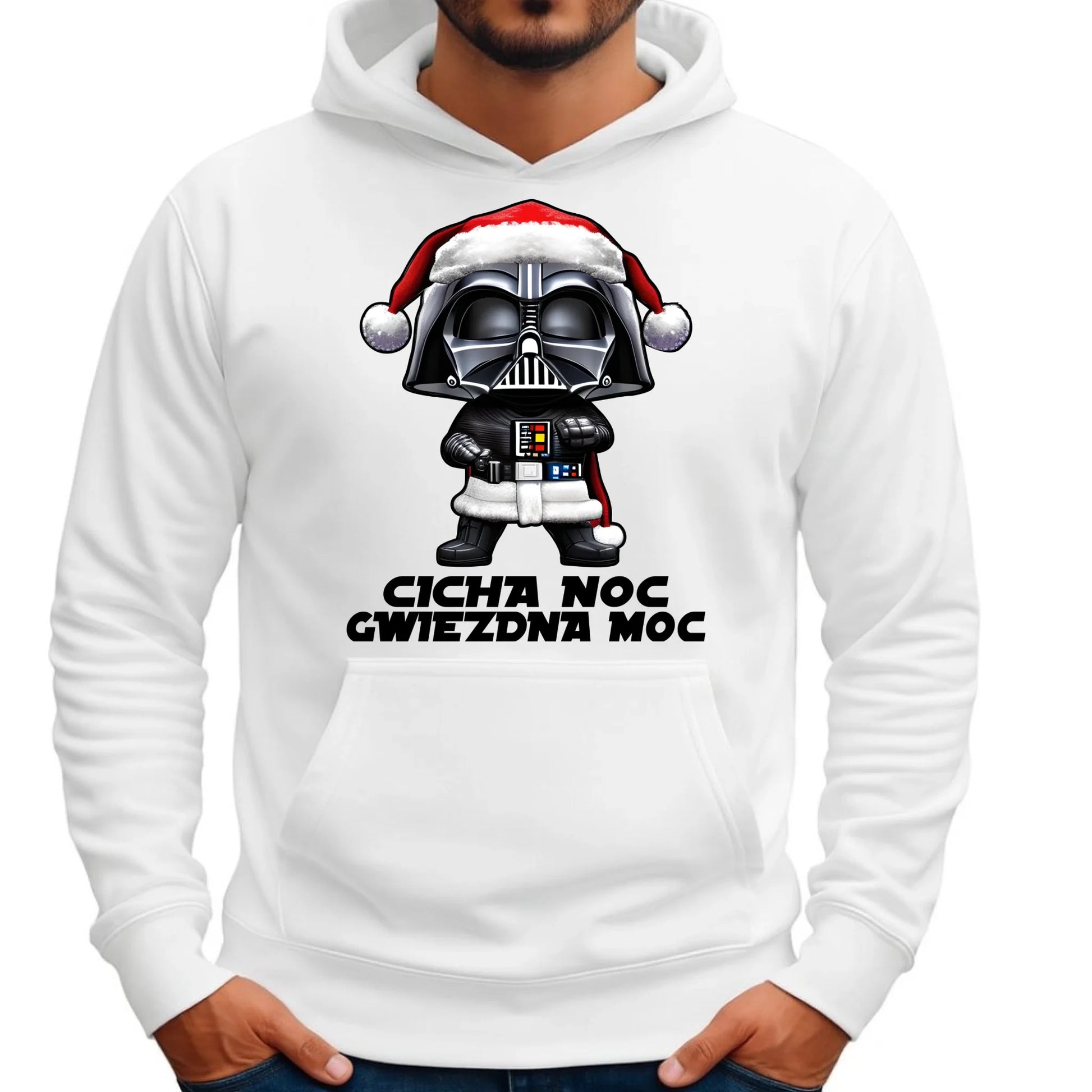 Bluza męska z kapturem świąteczna dla fanów Gwiezdnych Wojen - Cicha noc, gwiezdna moc BN132 - StoryCups.pl