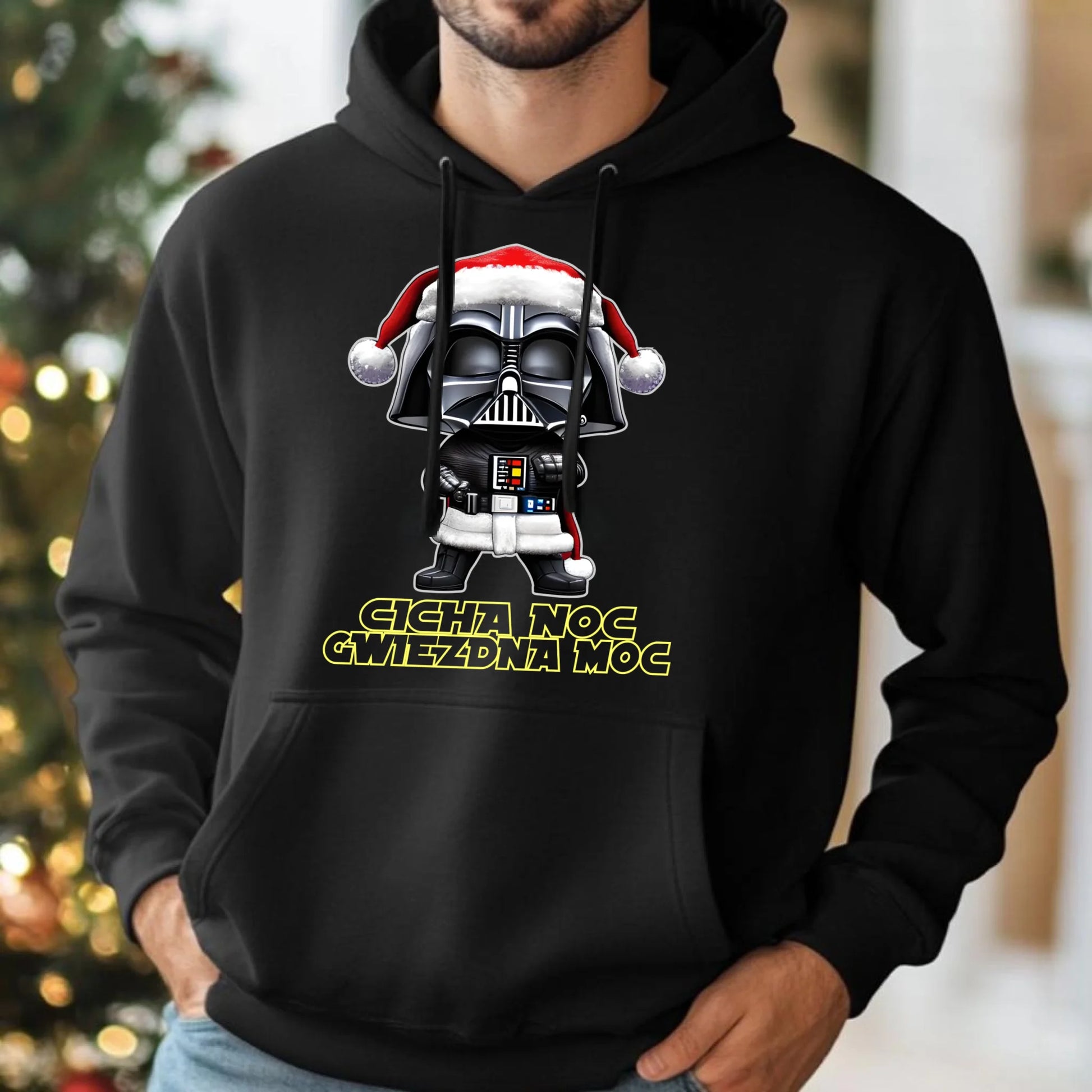 Bluza męska z kapturem świąteczna dla fanów Gwiezdnych Wojen - Cicha noc, gwiezdna moc BN132 - StoryCups.pl